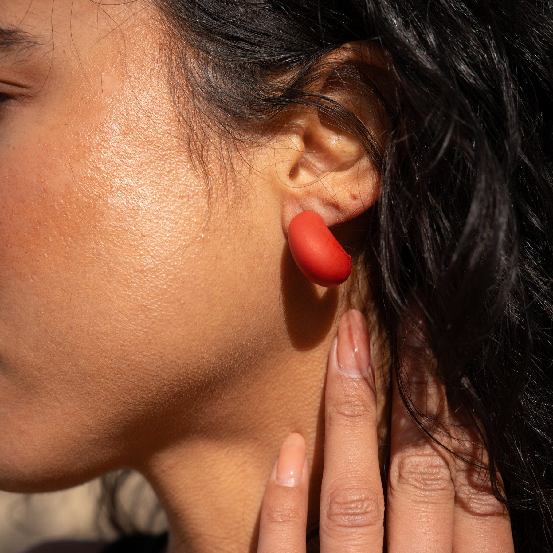 Chunky chubby huggie hoops earrings, statement studs in Red #color_red