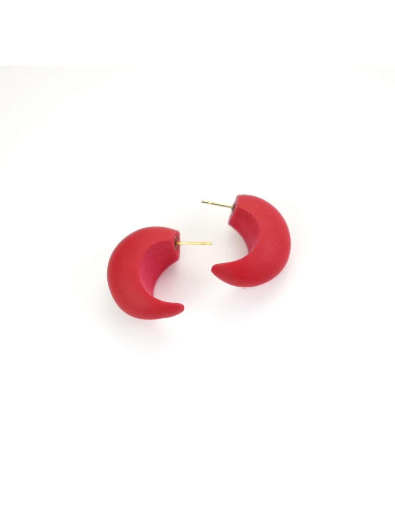 Red chubby huggie hoops, matte, lightweight, chunky crescent mini hoops on gold posts #color_red