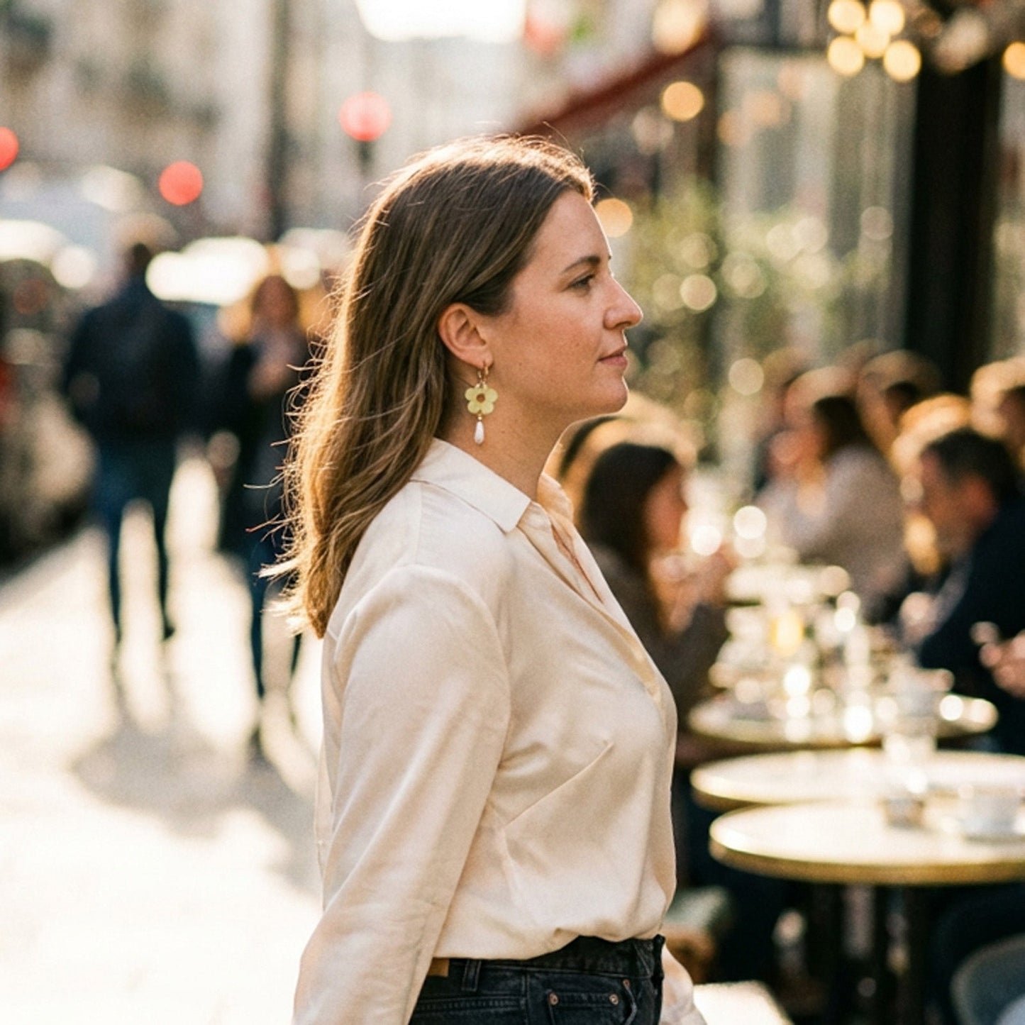 Retro jade floral earrings, polished, airy, playful, cutout petals and pearly teardrop on gold hoops #color_jade