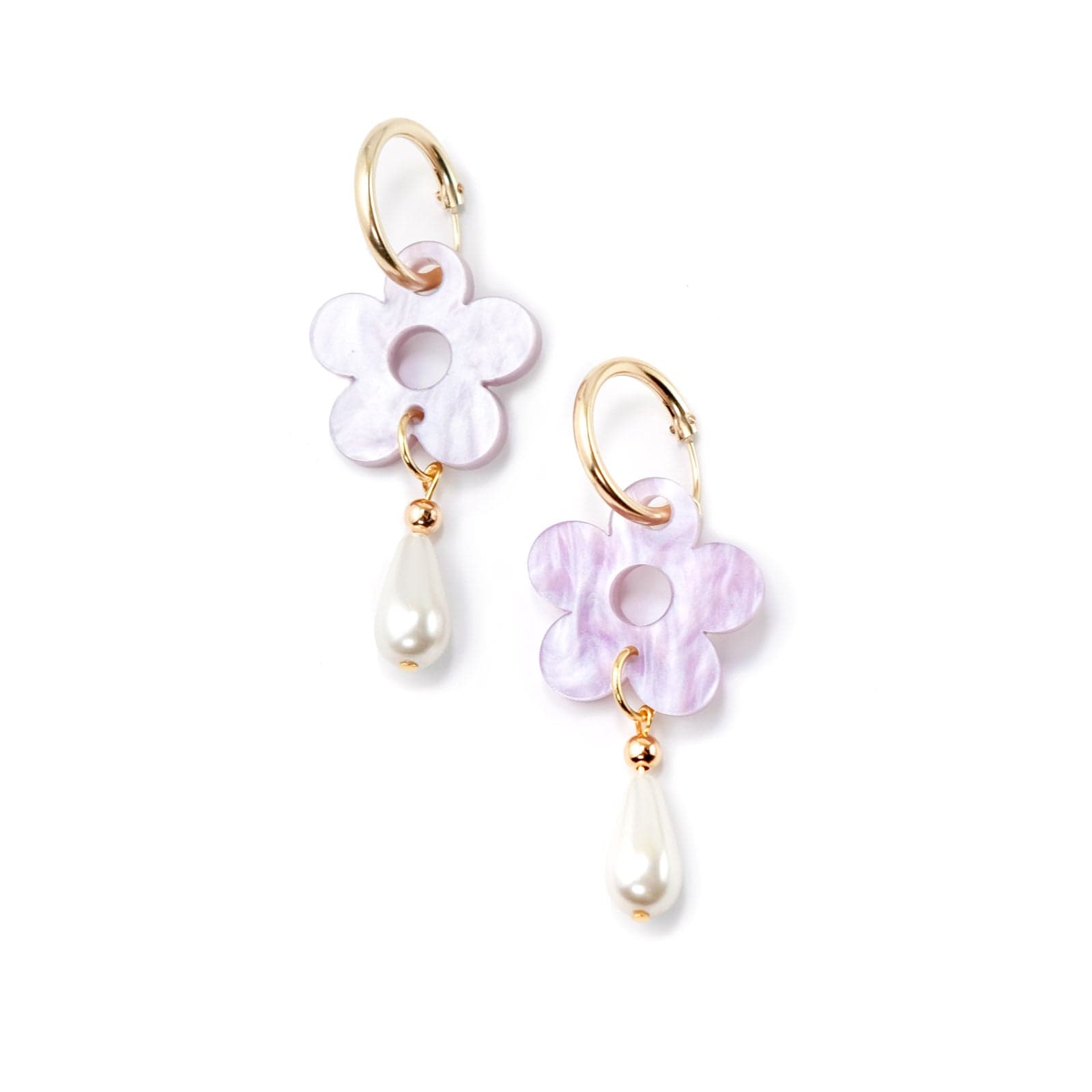 Daisy flower with pearl drop 14k gold-filled hoop earring #color_marbled-lavender