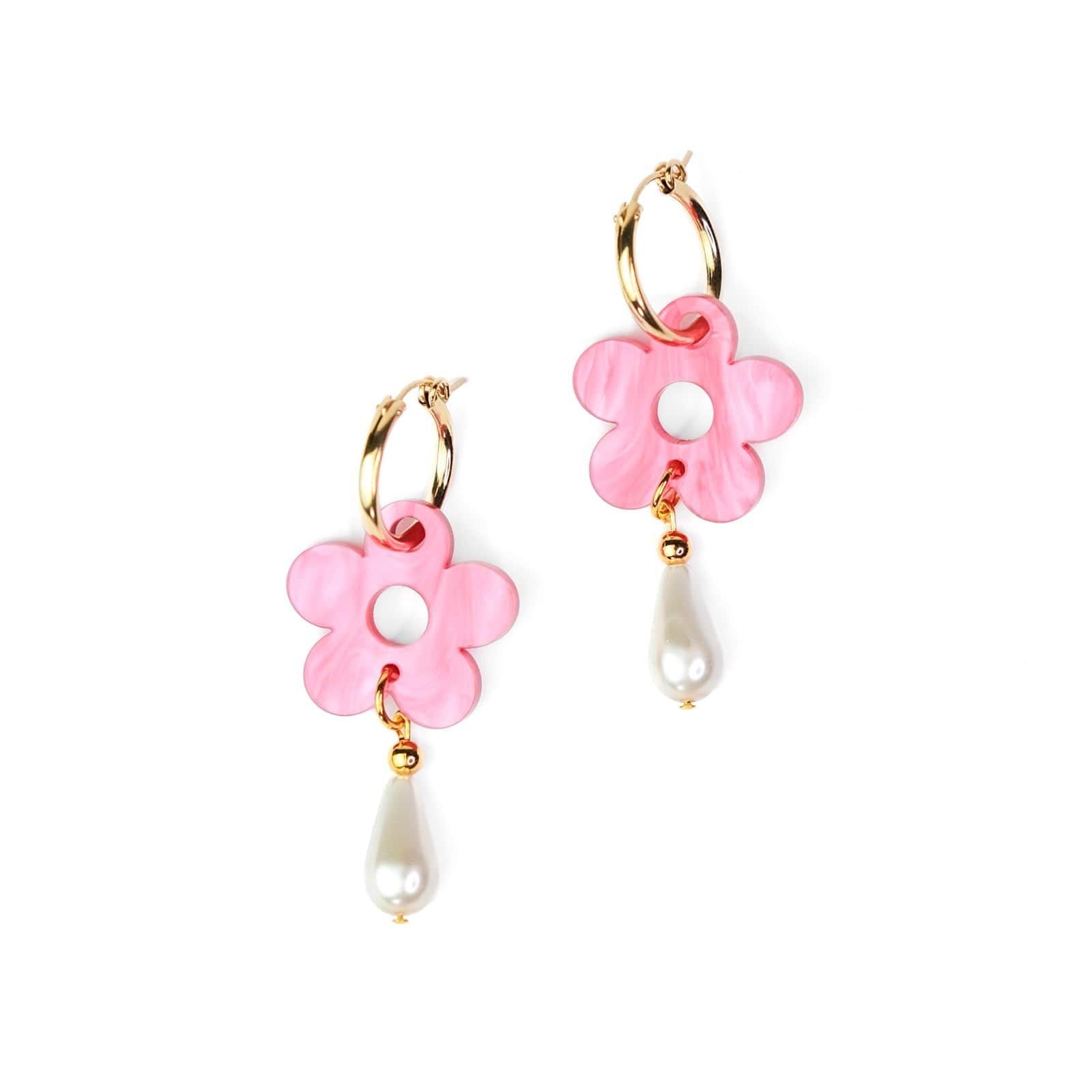 Daisy flower with pearl drop 14k gold-filled hoop earring #color_marbled-pink
