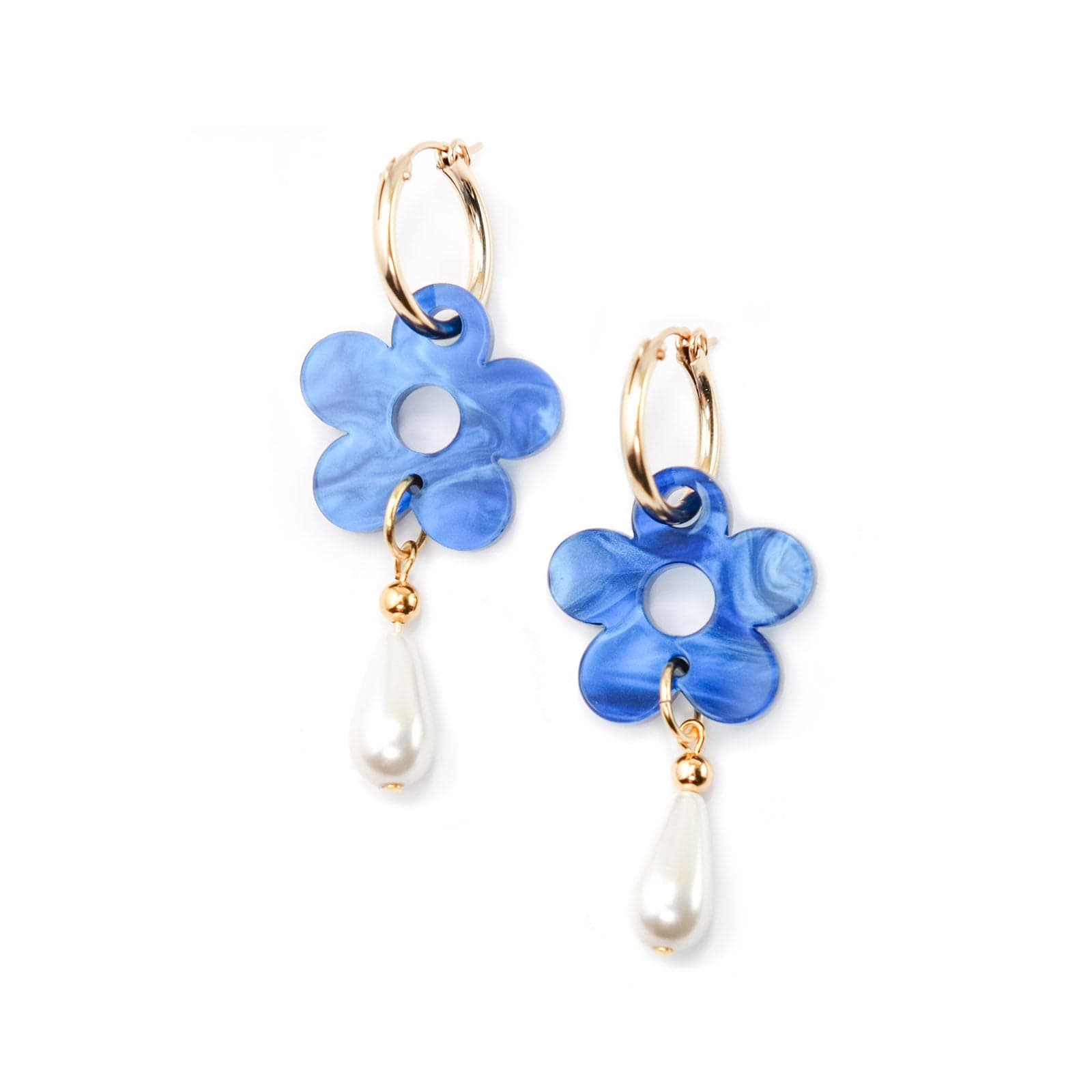 Daisy flower with pearl drop 14k gold-filled hoop earring #color_marbled-blue