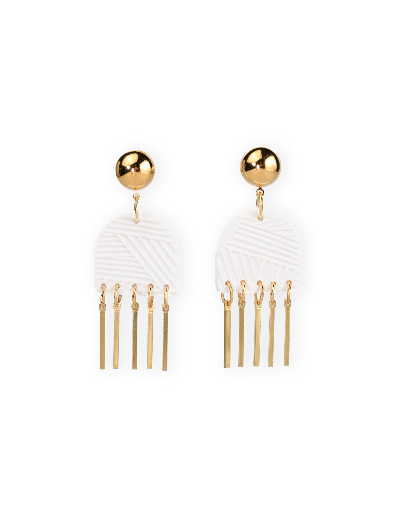 White arch drop earrings, textured, lightweight, glossy gold dome studs with bar fringe #color_white-gold
