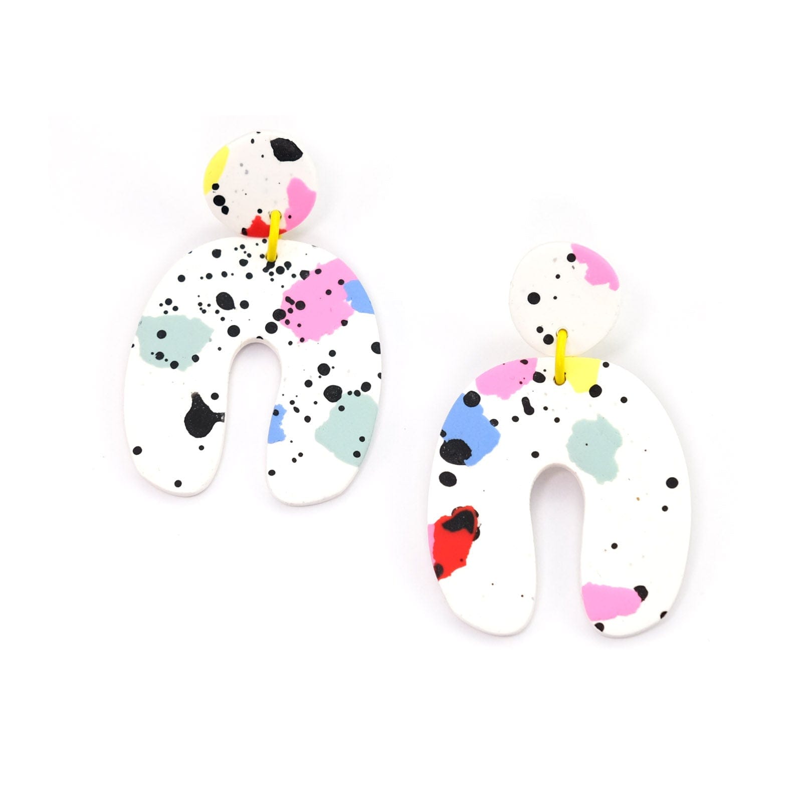 Funky and artsy hand-made Dangly Arches Earrings in colorful paint splatter #color_paint-splatter