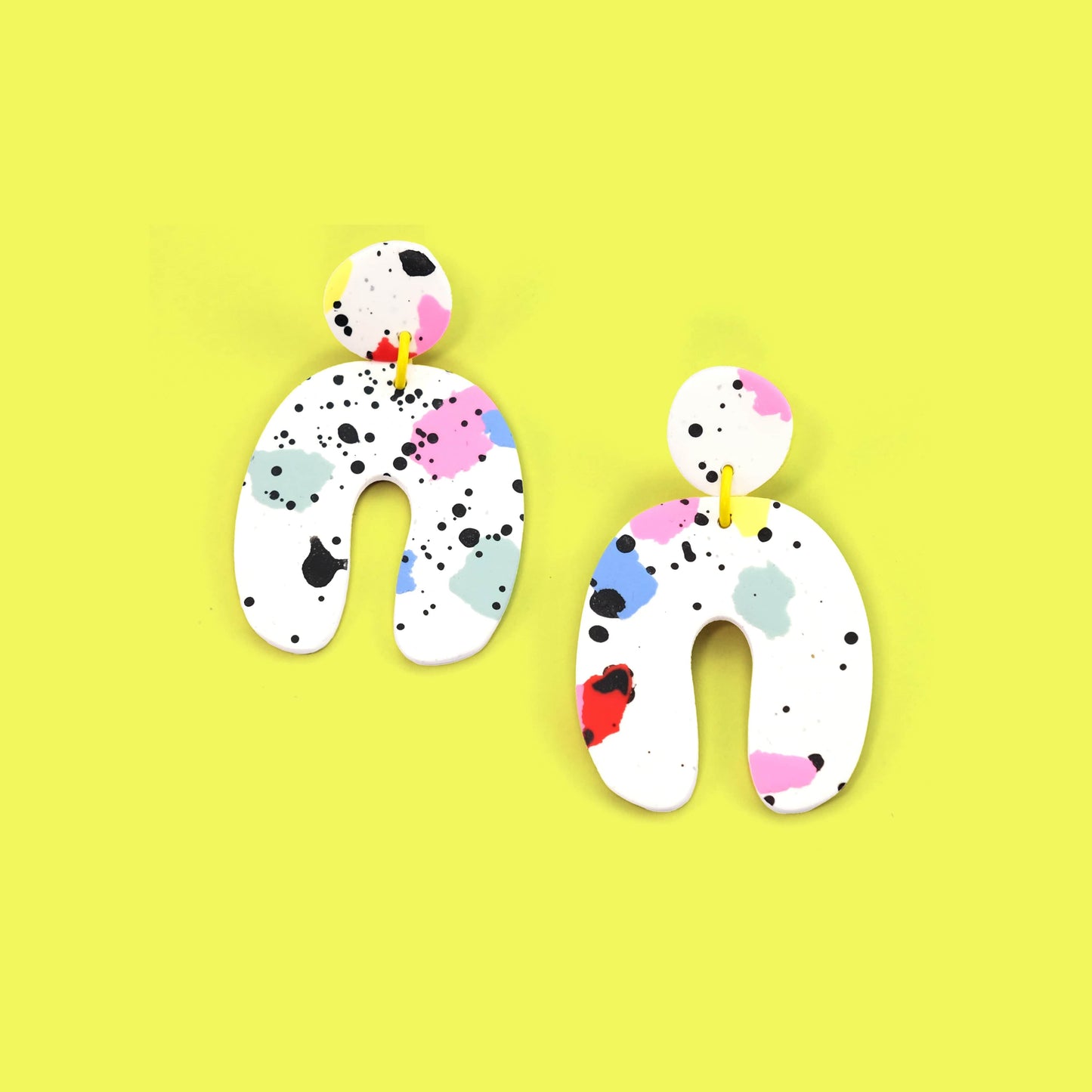 Funky and artsy hand-made Dangly Arches Earrings in colorful paint splatter #color_paint-splatter
