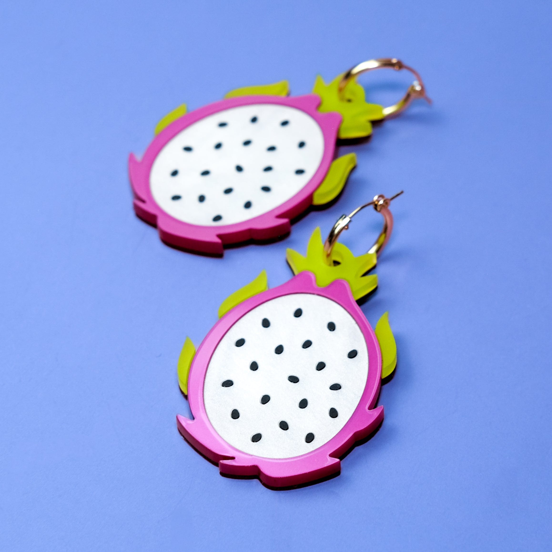 Unique statement Dragonfruit dangly earrings with gold-filled hoops