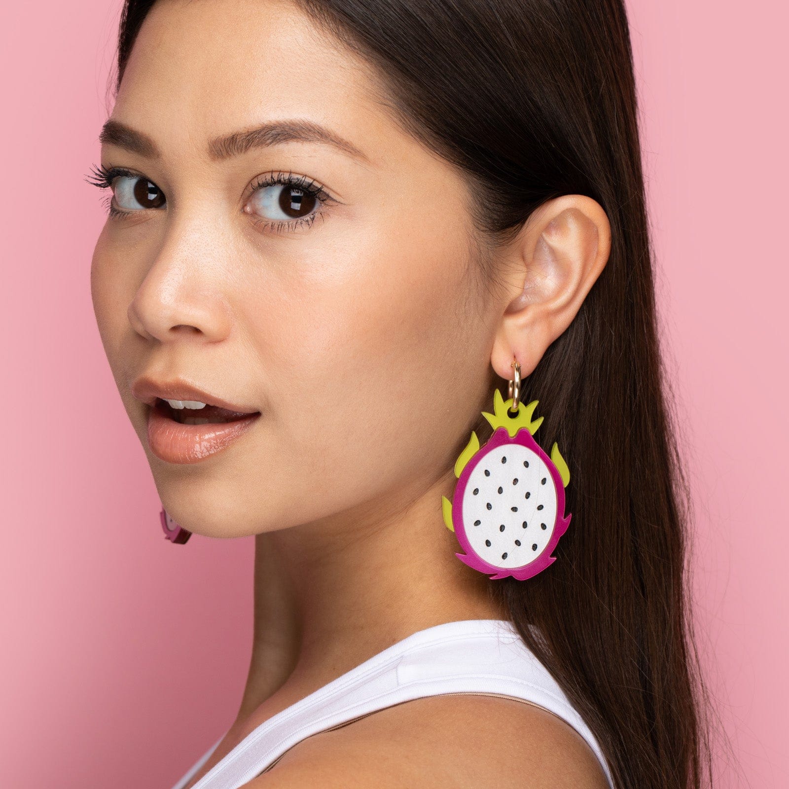 Dragonfruit dangly earrings with gold-filled hoops