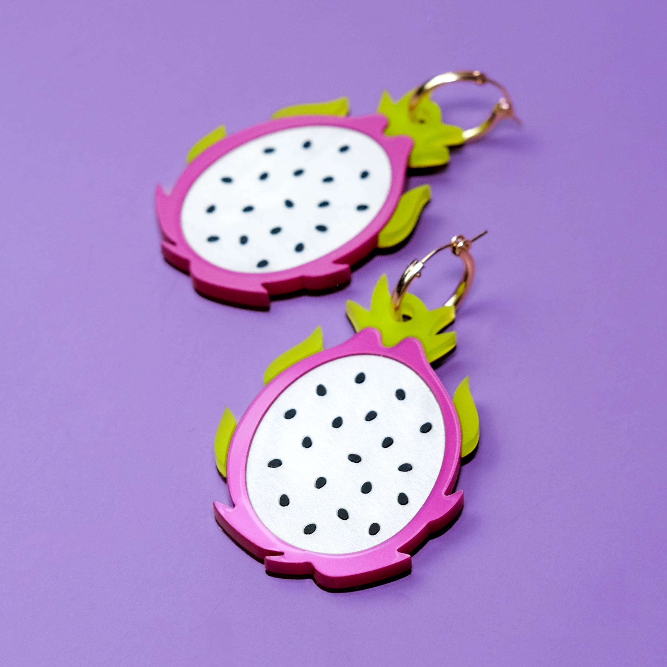 Dragonfruit dangly earrings with gold-filled hoops