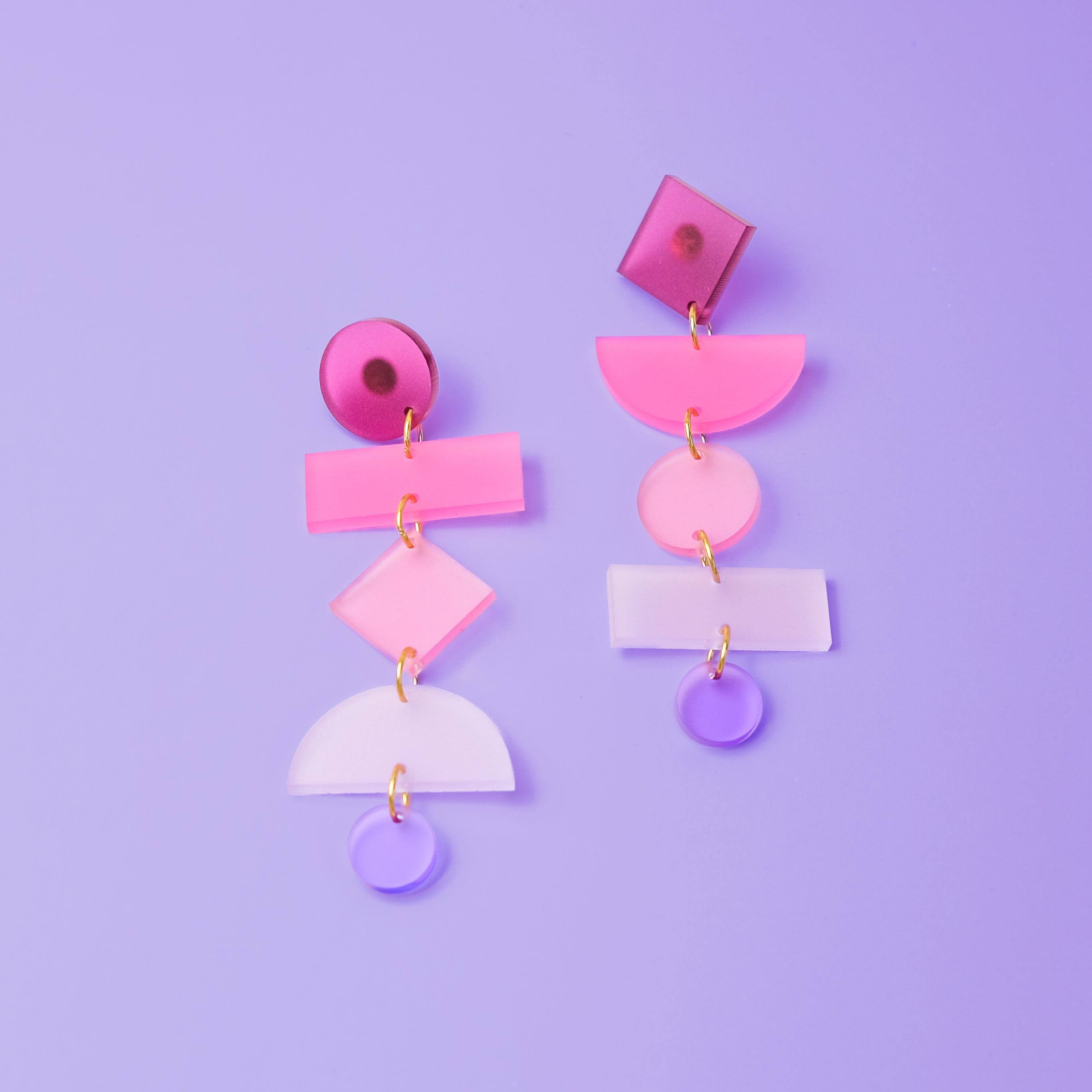 Geometric mis-matched dangly earrings #color_pink-ombre