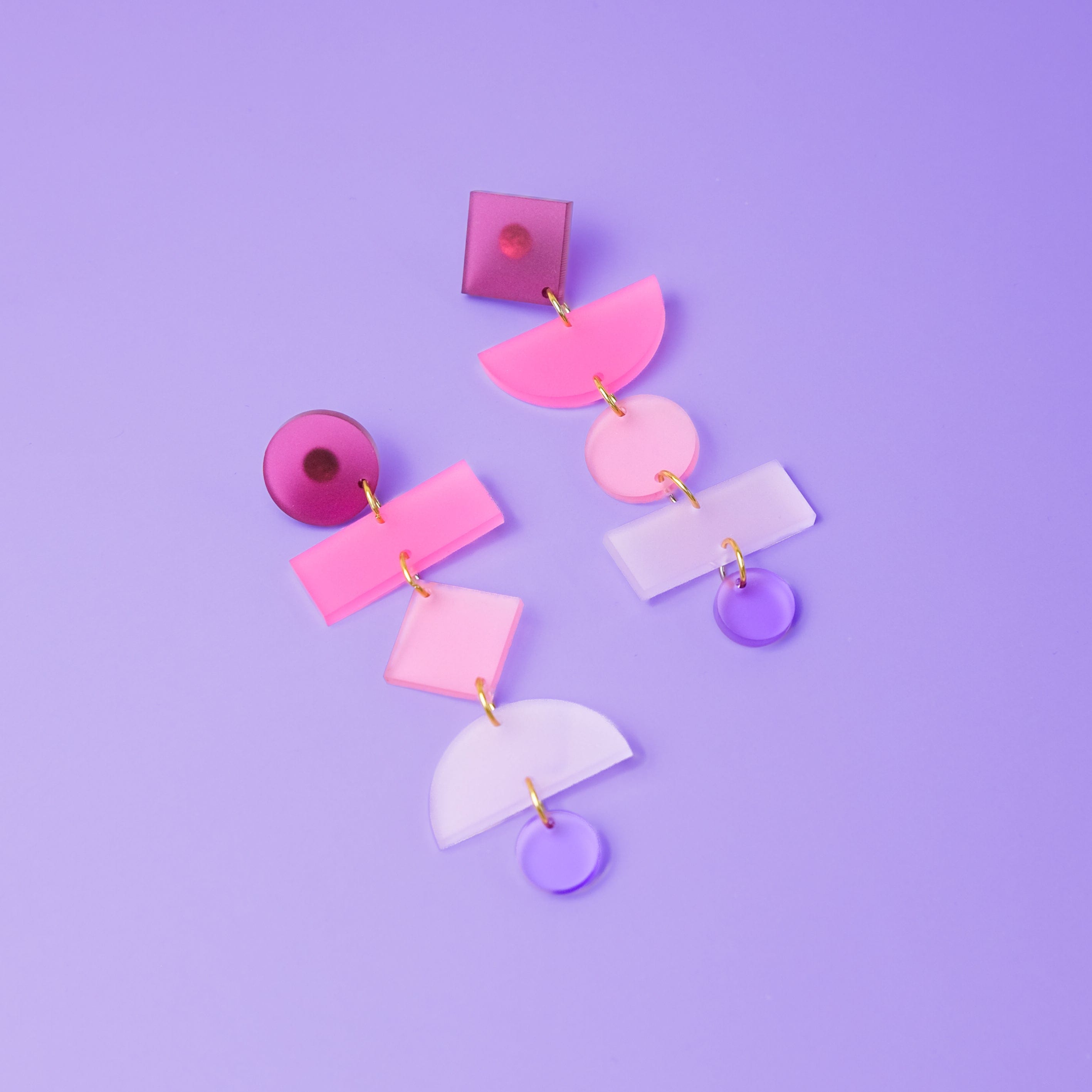 Geometric mis-matched dangly earrings #color_pink-ombre