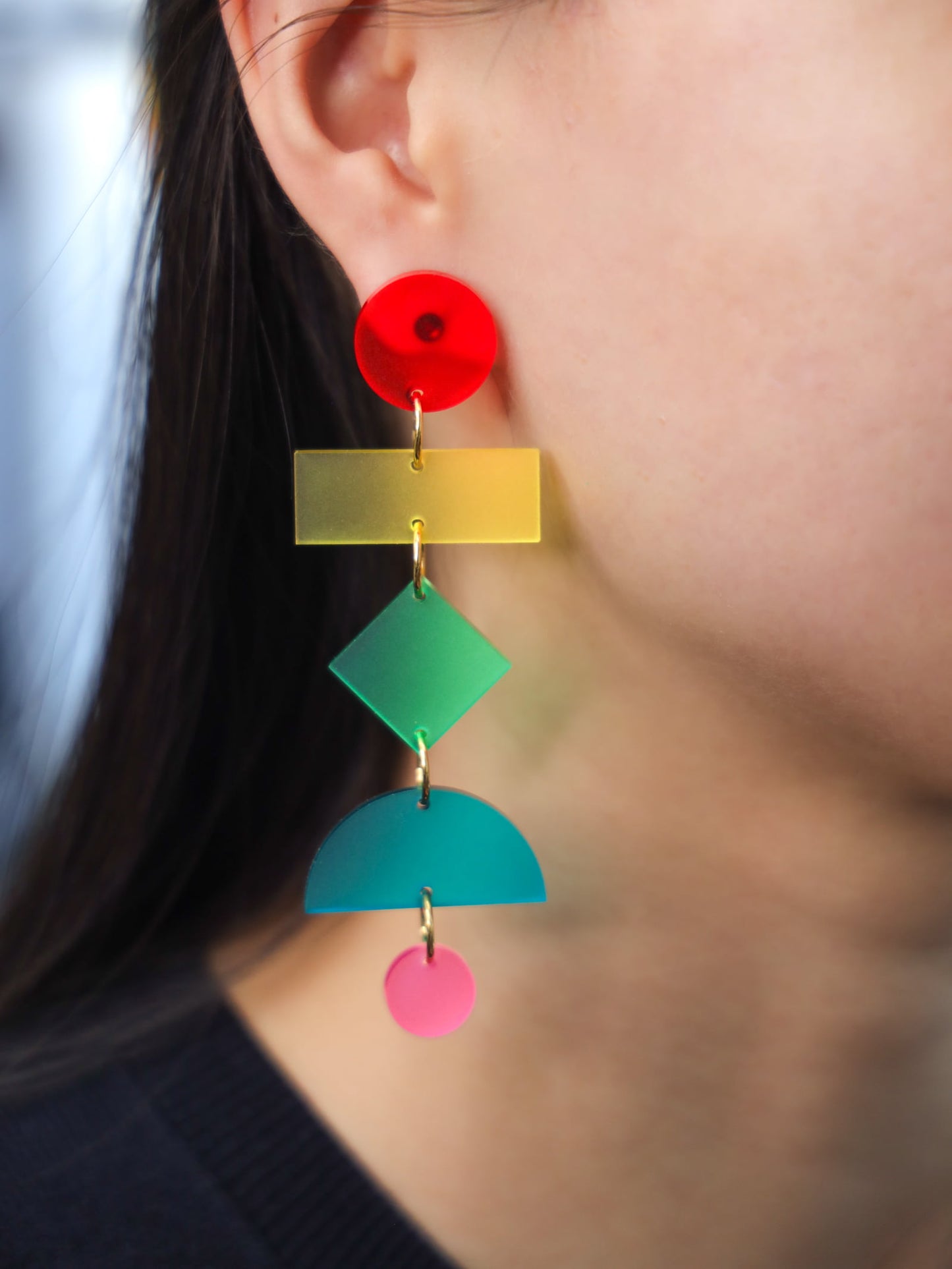 Rainbow geometric statement earrings, matte, lightweight, asymmetrical, stacked shapes with colorful links #color_rainbow