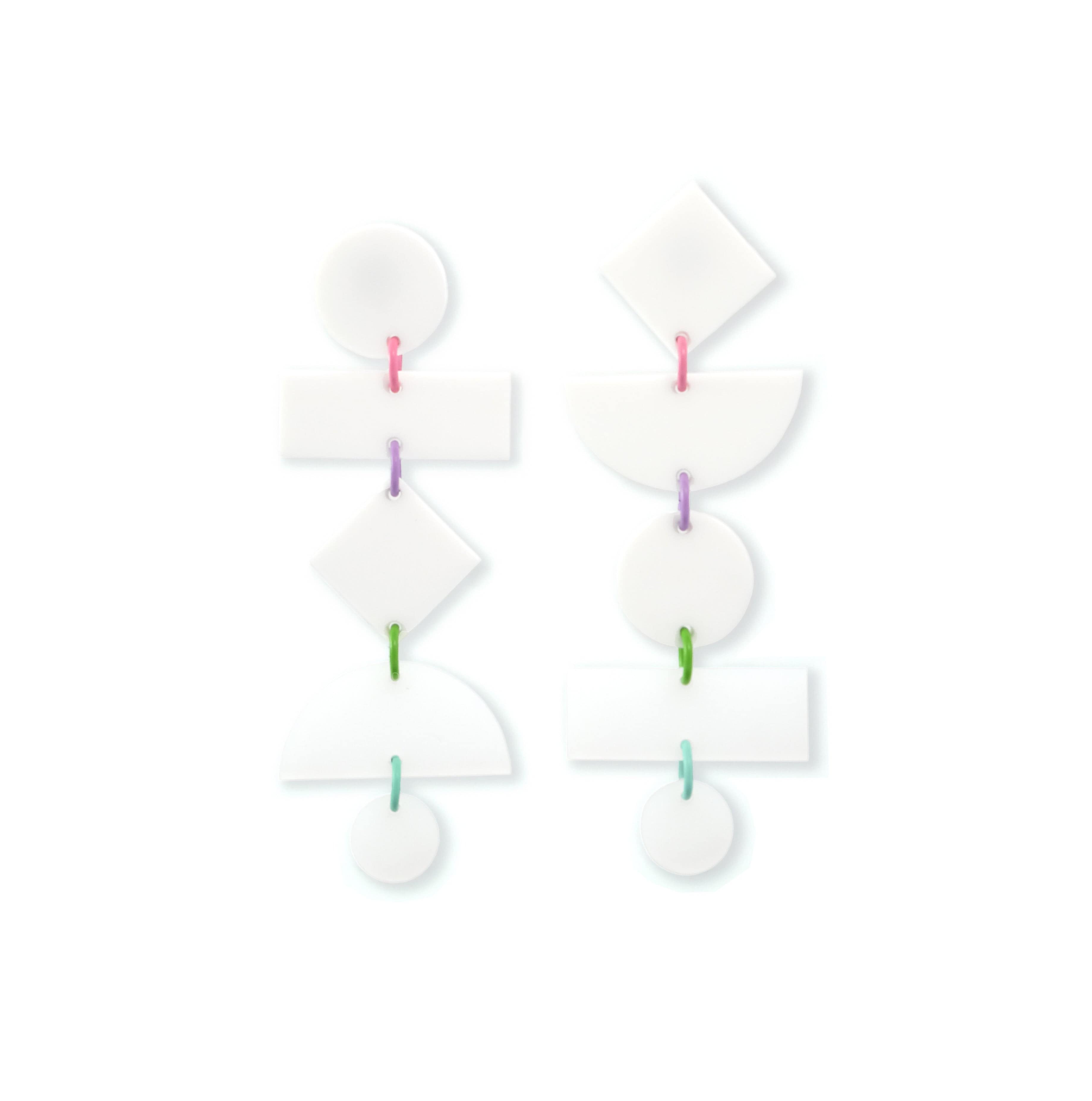 Asymmetrical translucent Geometric dangly statement earrings in white with pastel multi-color jump rings #color_white