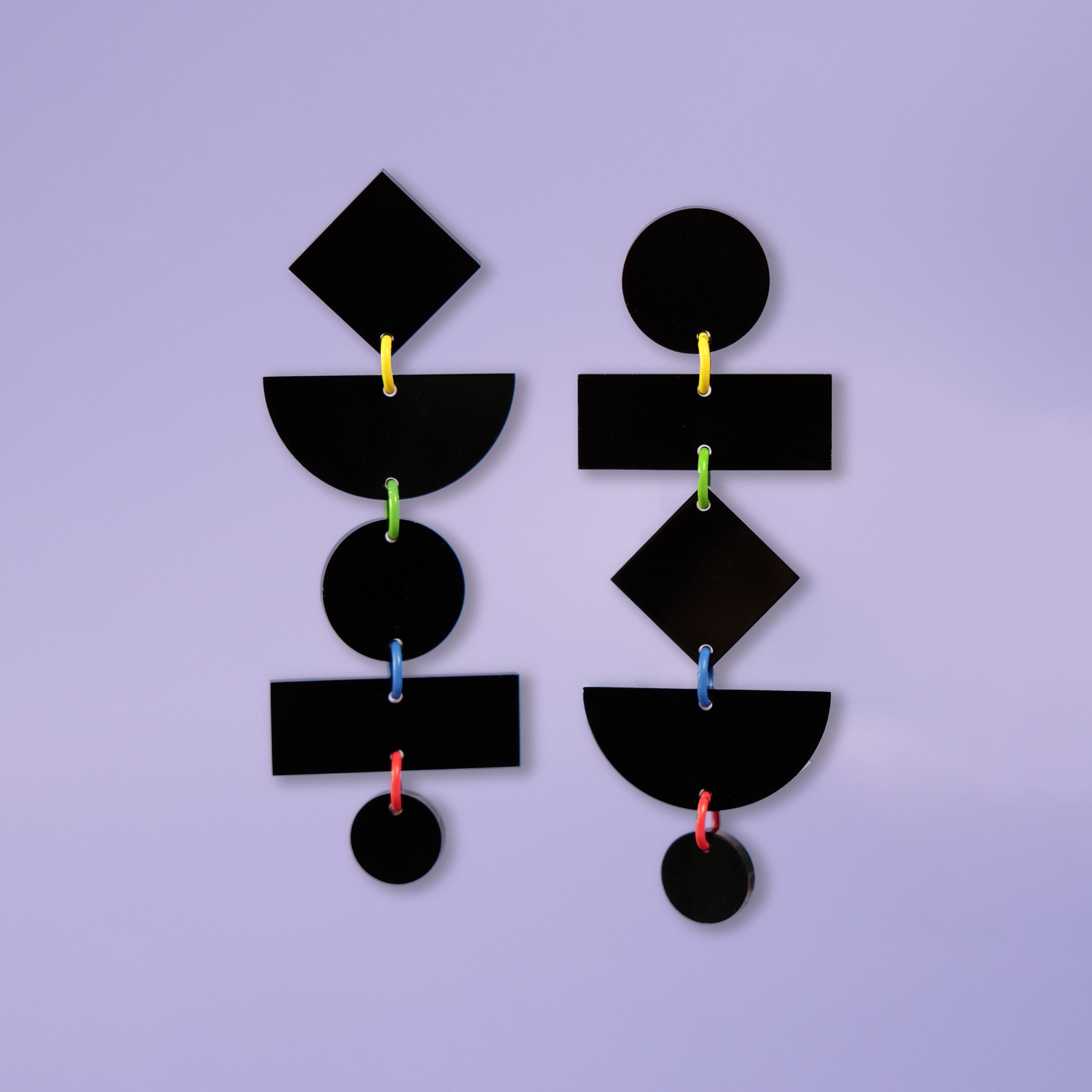 Asymmetrical translucent Geometric dangly statement earrings in black with multi-color jump rings #color_black