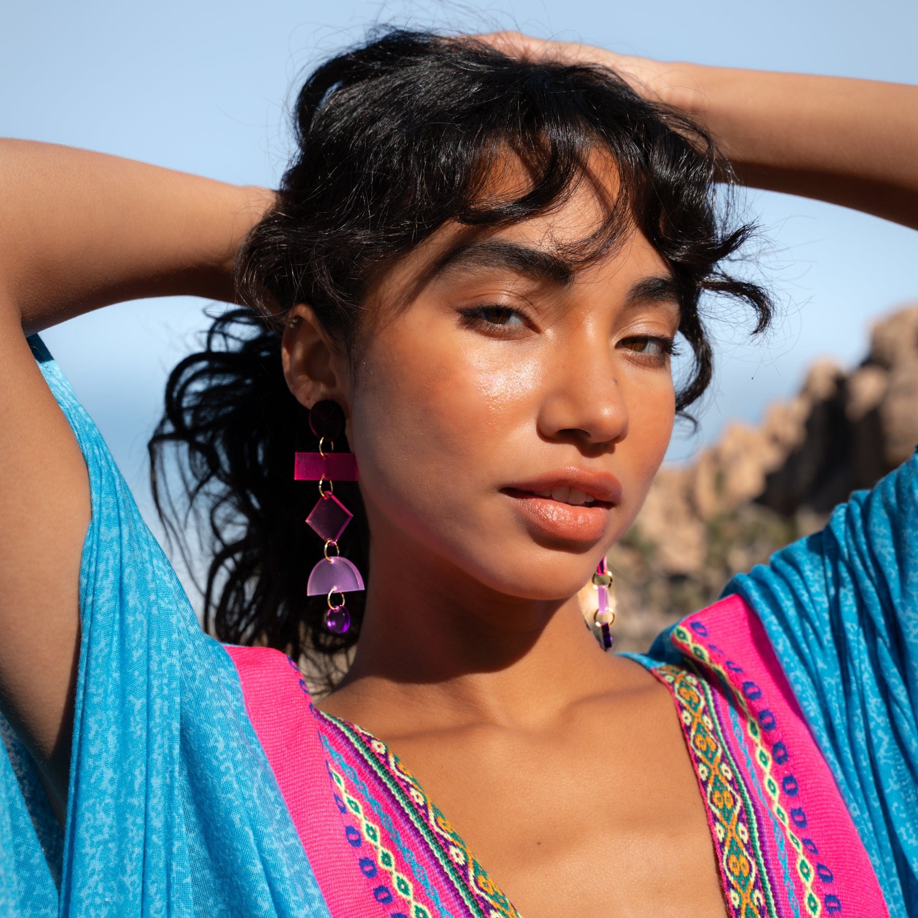 Asymmetrical translucent Geometric dangly statement earrings #color_pink-ombre