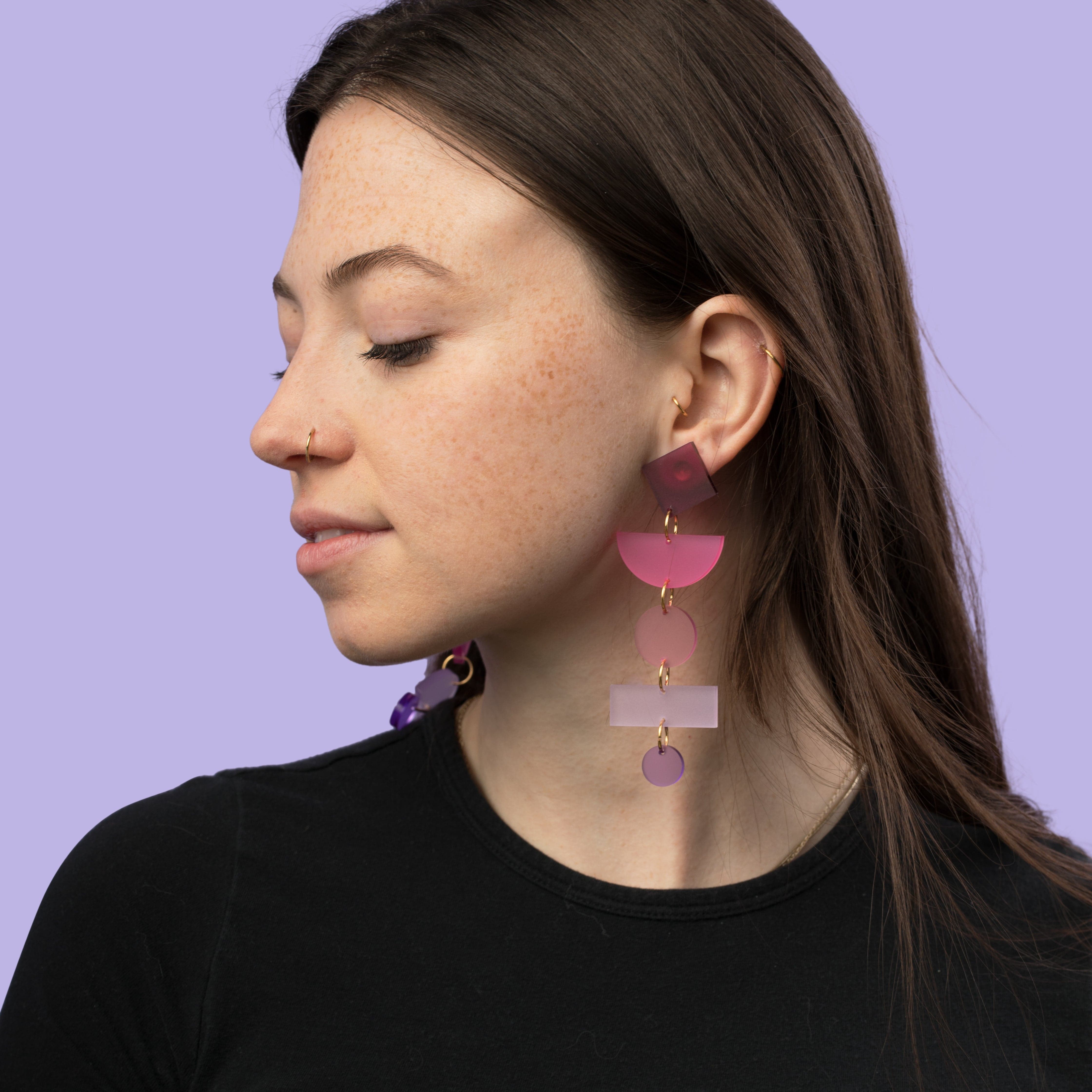 Asymmetrical translucent Geometric dangly statement earrings #color_pink-ombre