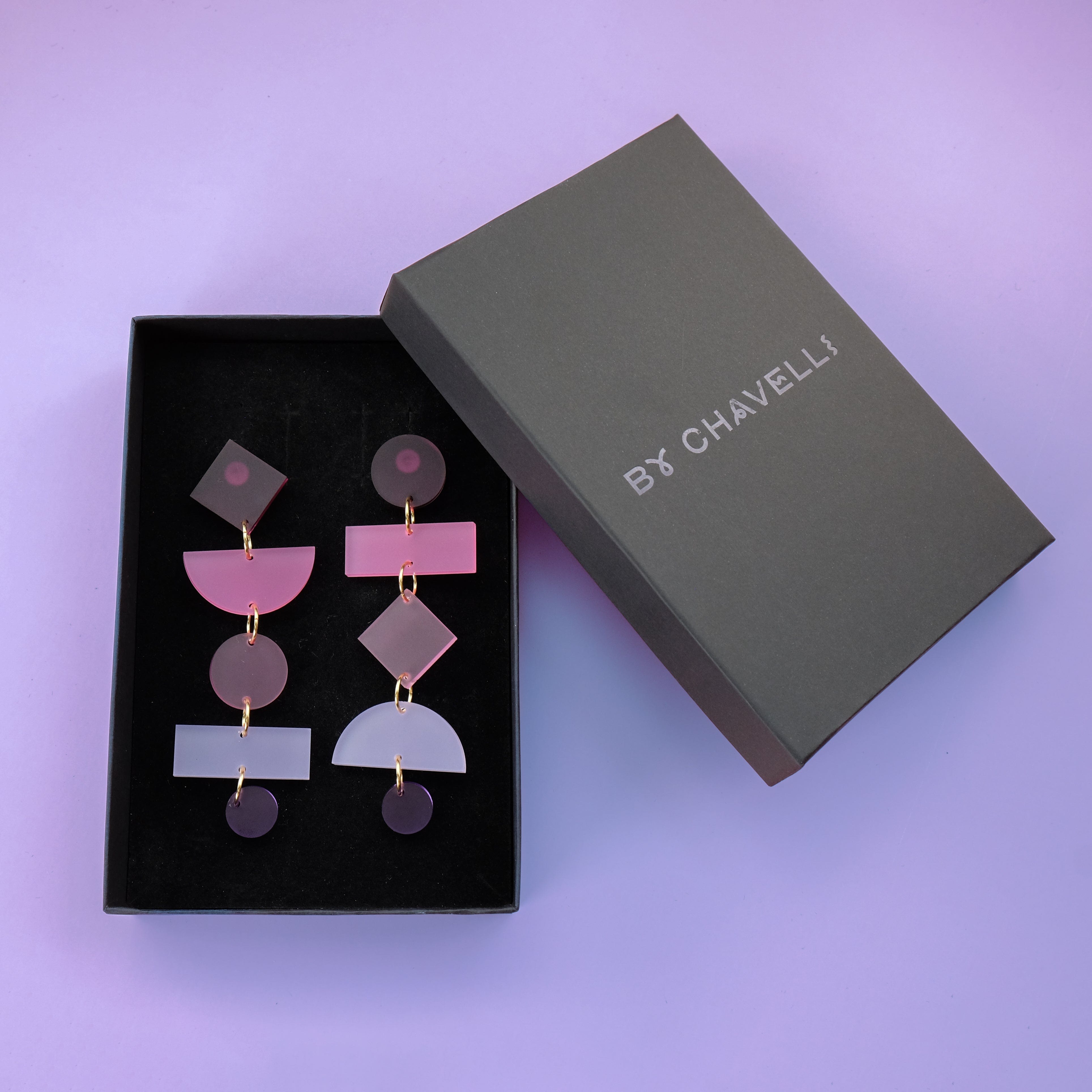 Asymmetrical translucent Geometric dangly statement earrings #color_pink-ombre