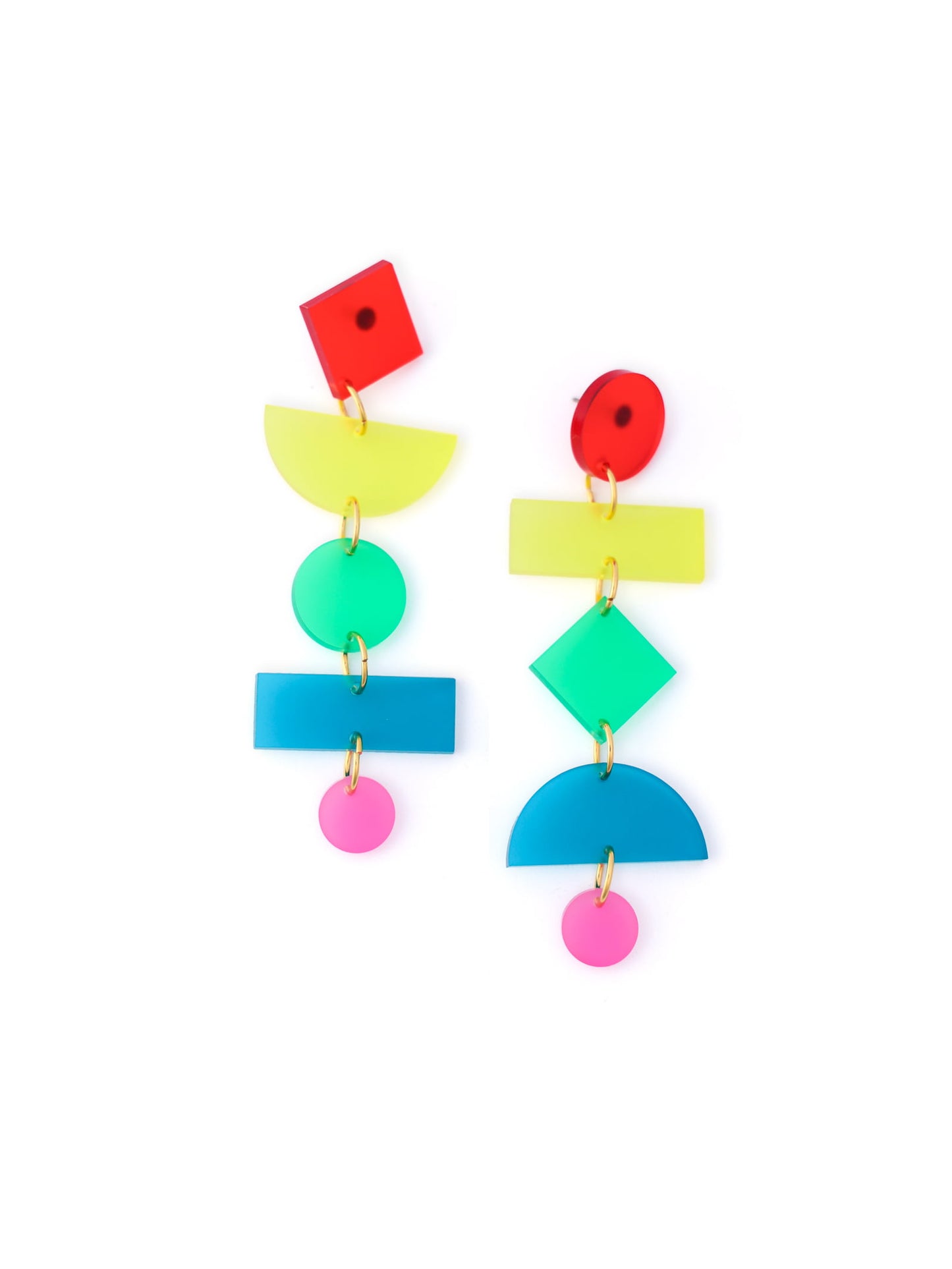 Rainbow geometric statement earrings, matte, lightweight, asymmetrical, stacked shapes with colorful links #color_rainbow