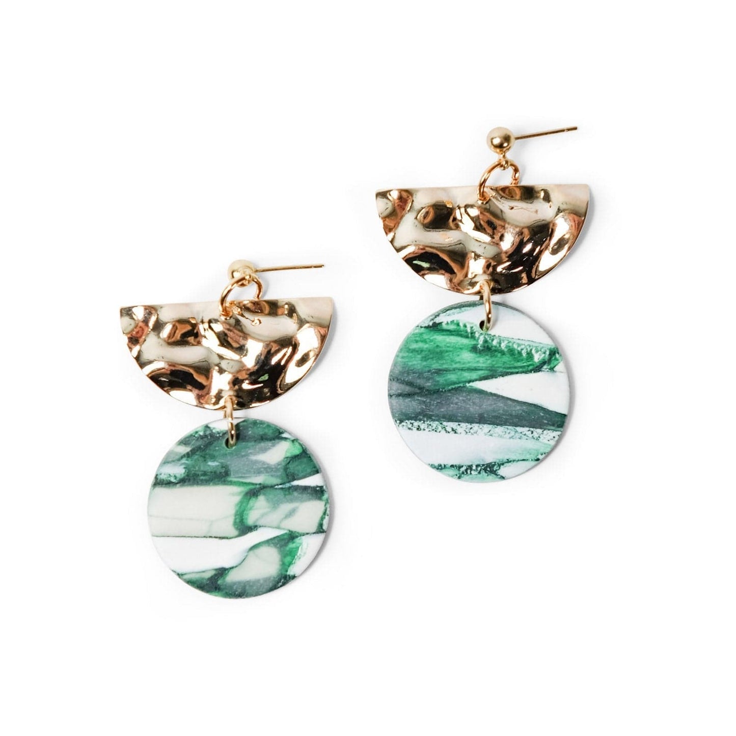 Elegant and blingy Giada Dangly Earrings in green marble with hammered gold #color_forest-marble