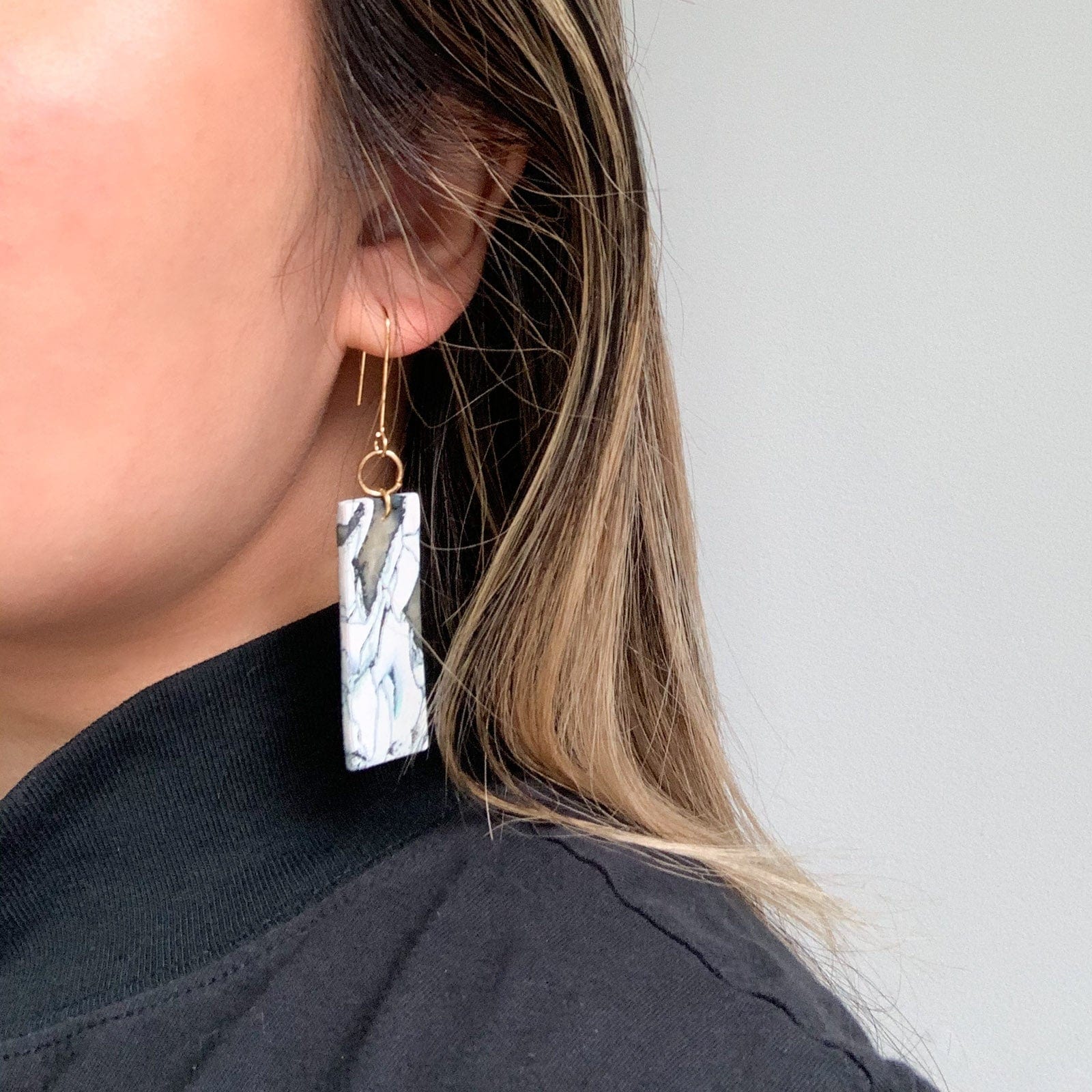 Elegant, elongated and lightweight Italian marble inspired Giulia Dangles Earrings #color_forest-marble