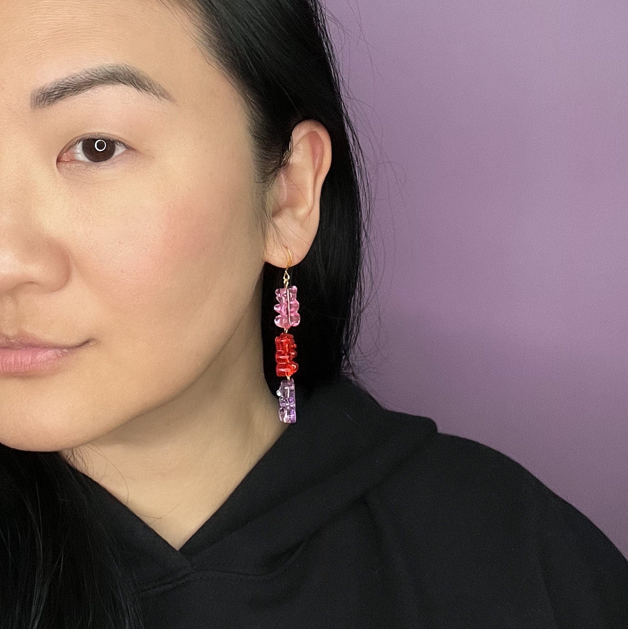 Pink red and purple cute and nostalgic gummy bear dangly earrings #color_pink-trio