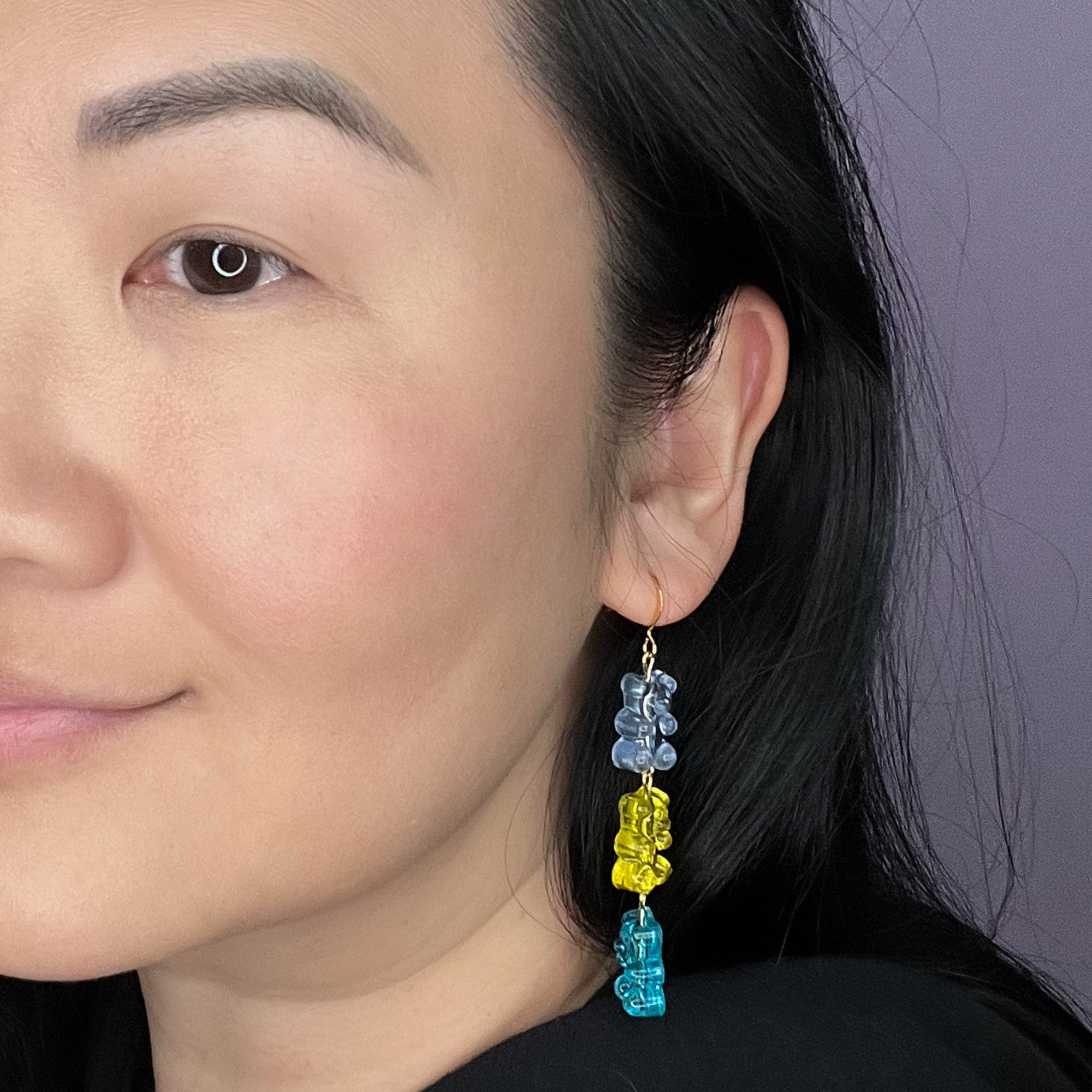 Blue, yellow and turquoise cute and nostalgic gummy bear dangly earrings #color_blue-trio