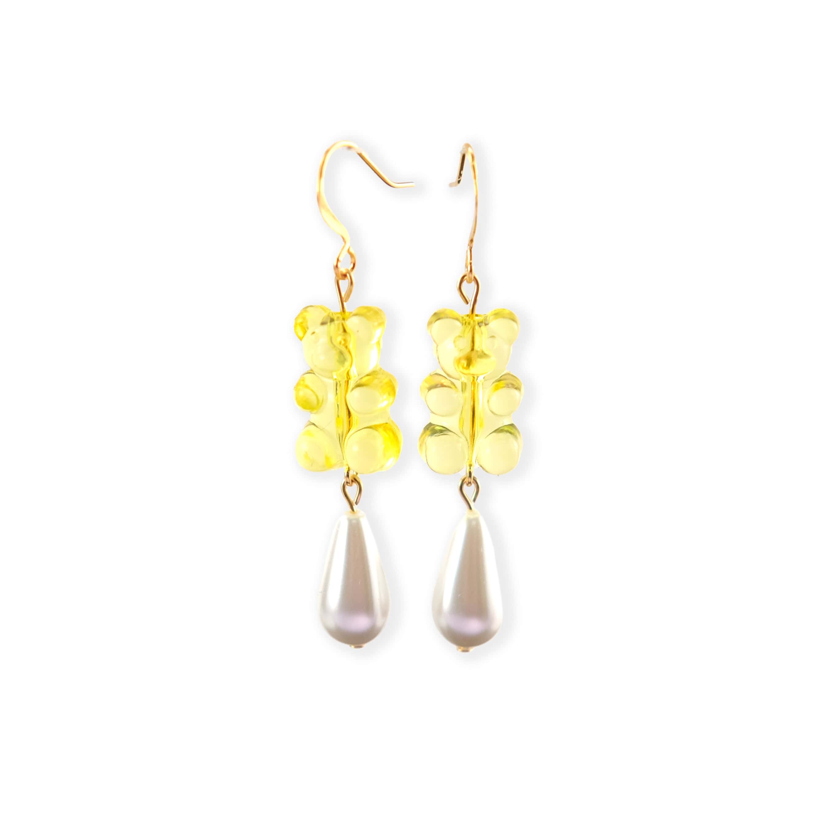 Nostalgic yellow gummy bear dangly earrings with elegant pearl drops #color_yellow