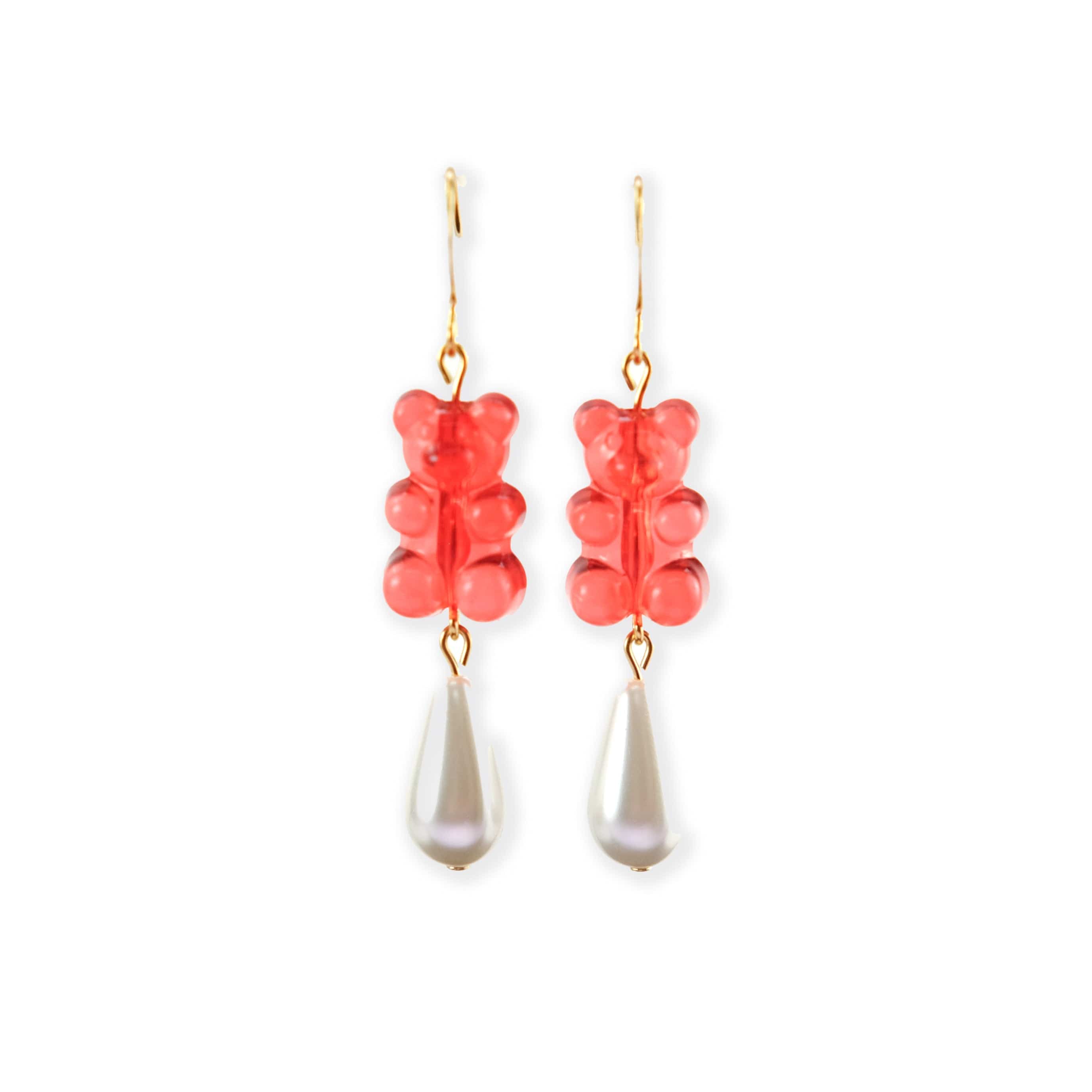 Nostalgic red gummy bear dangly earrings with elegant pearl drops #color_red