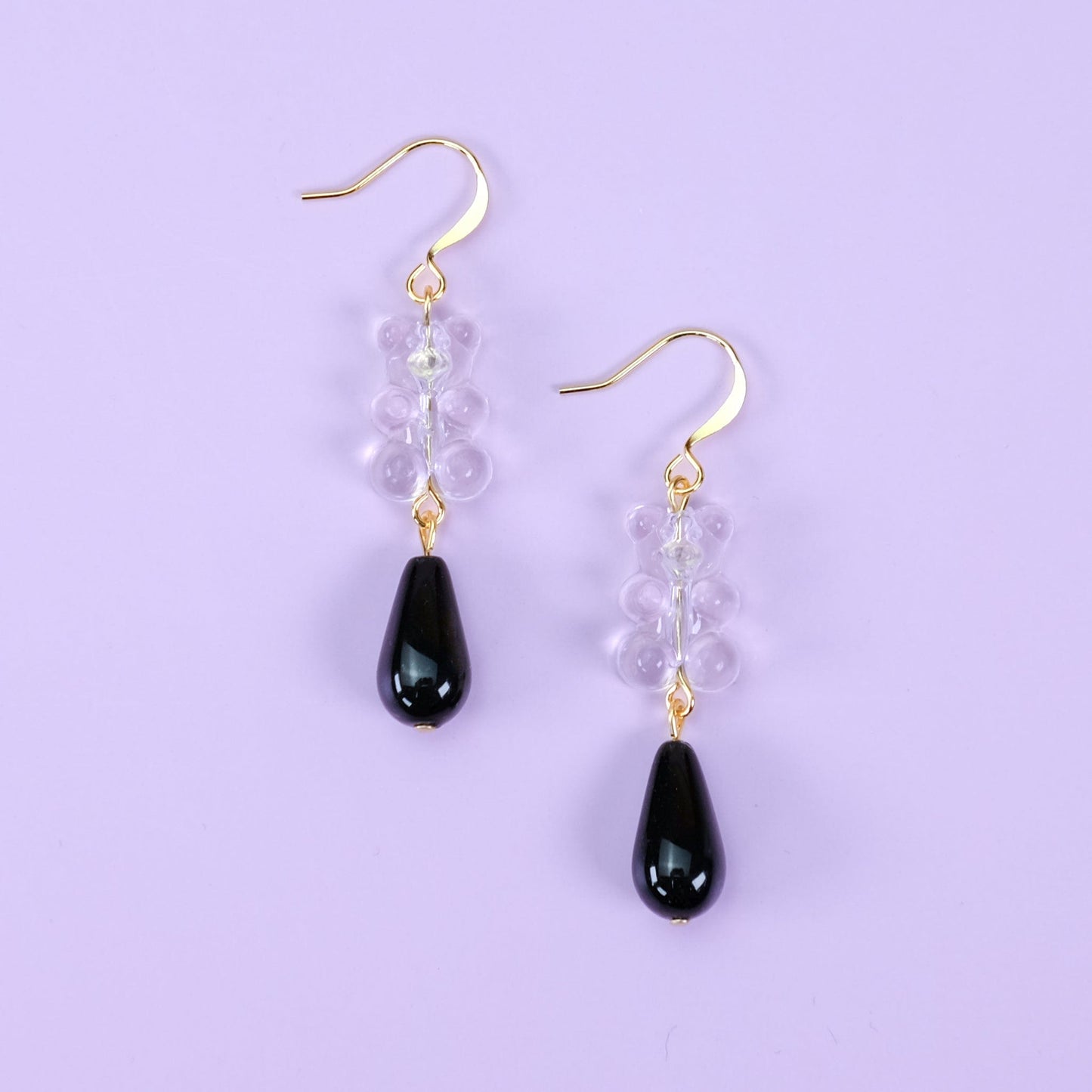Nostalgic, cute and classy gummy bear dangly earrings with elegant pearl drops #color_clear