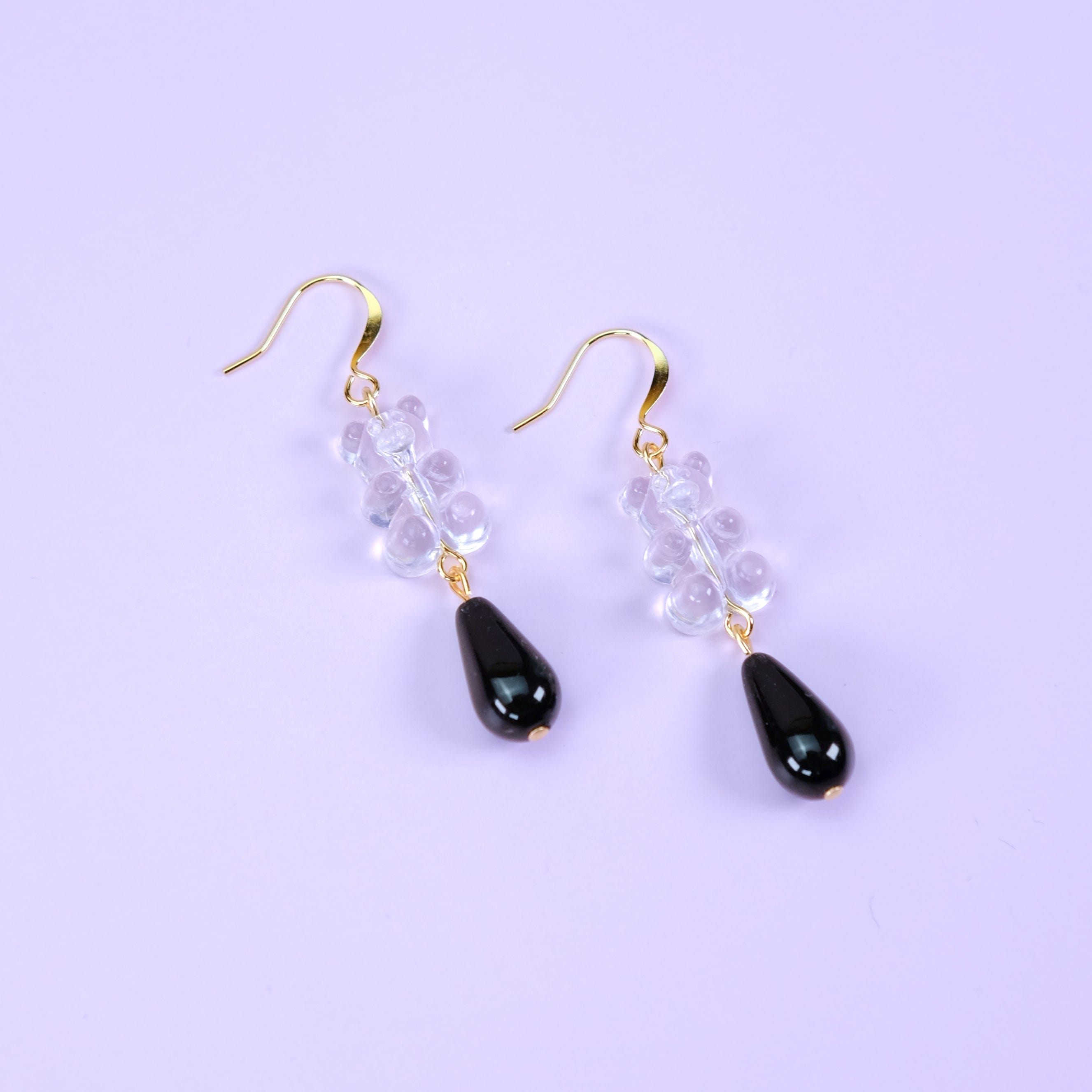 Nostalgic, cute and classy gummy bear dangly earrings with elegant pearl drops #color_clear