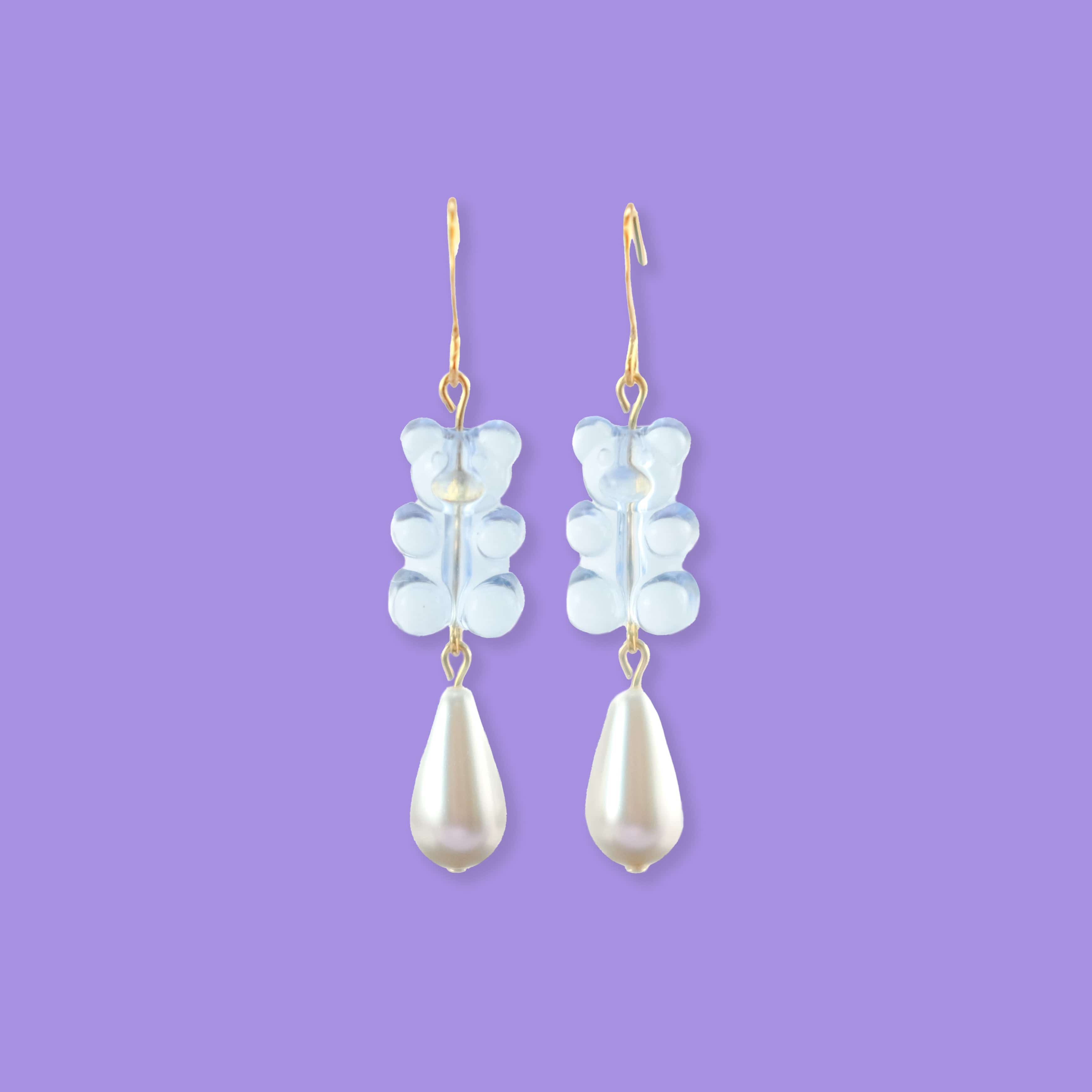 Nostalgic, cute and classy gummy bear dangly earrings with elegant pearl drops #color_baby-blue