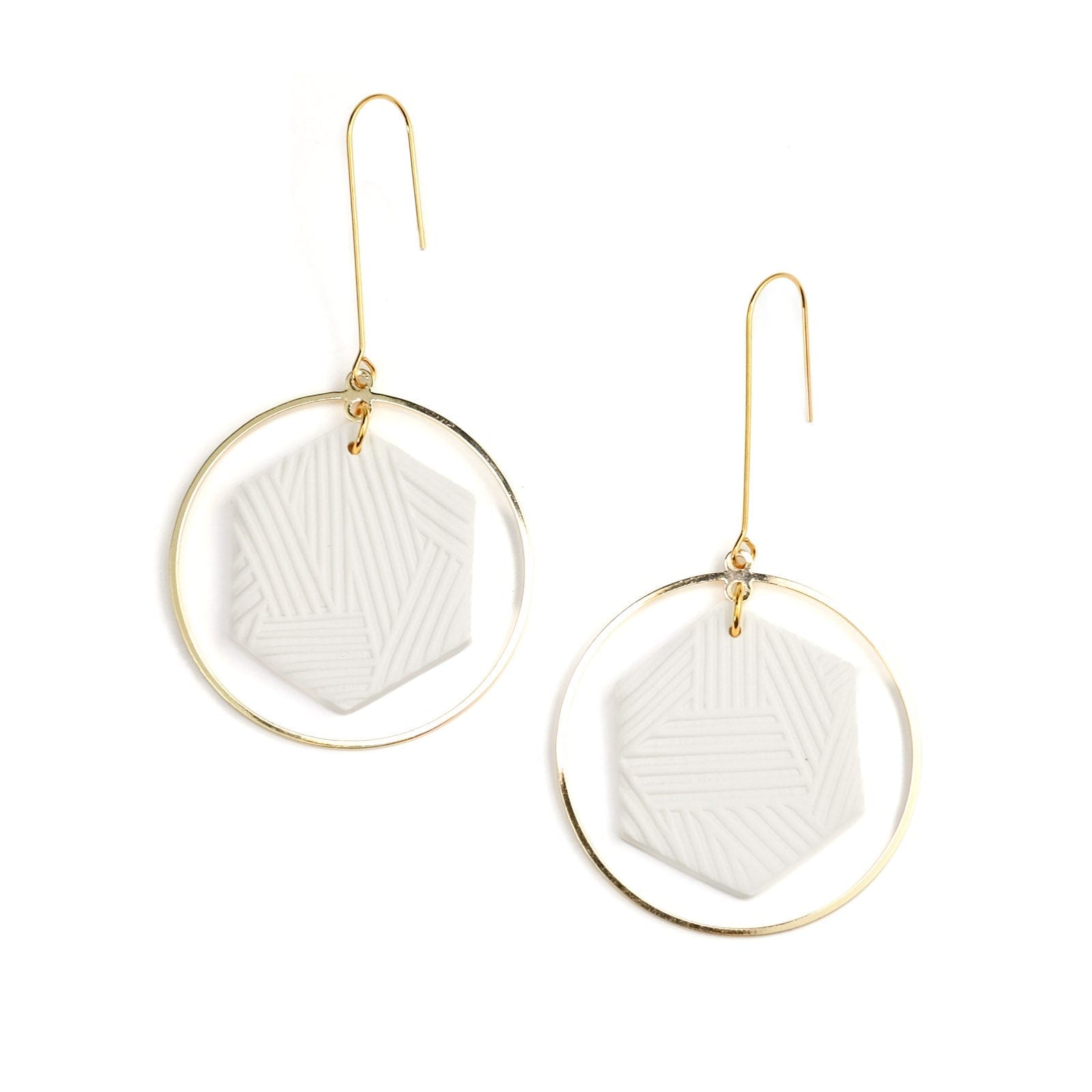 Hex Halo Dangly hexagon shaped elegant and lightweight white and gold earrings #color_white-textured-lines