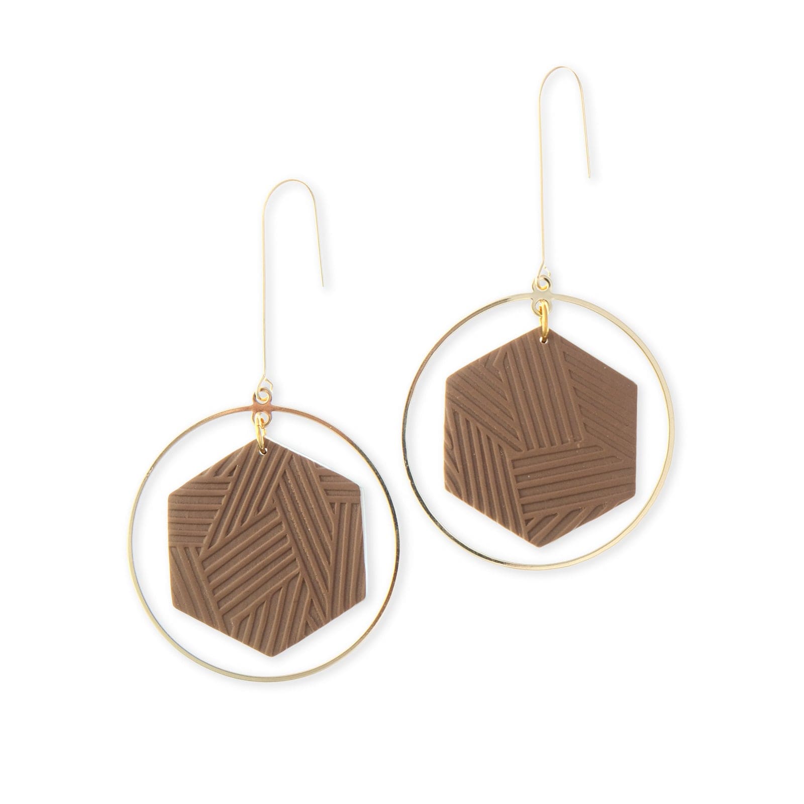 Hex Halo Dangly hexagon shaped elegant and lightweight white and gold earrings #color_mocha
