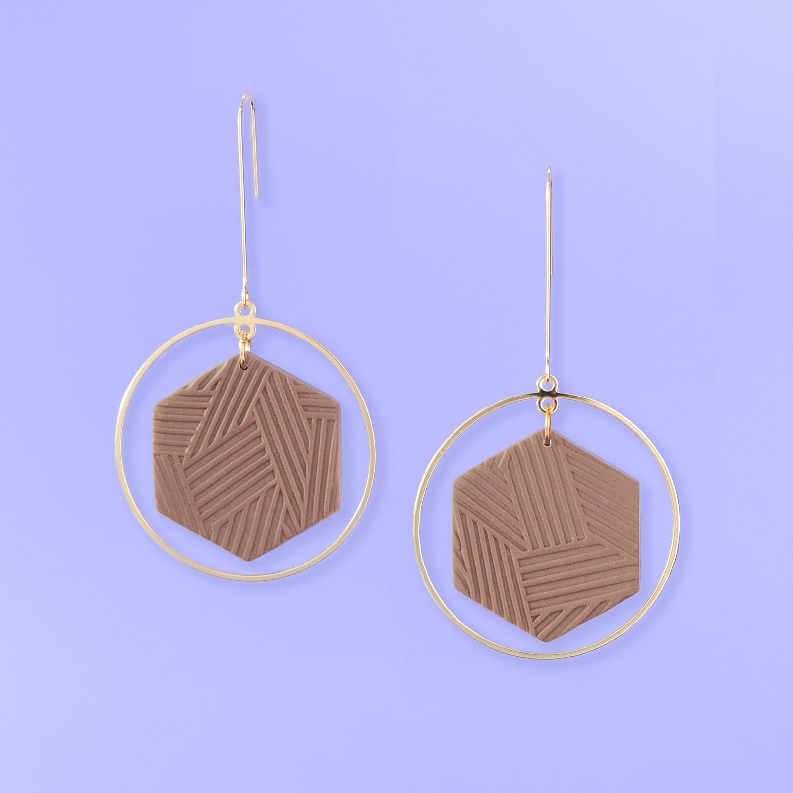 Hex Halo Dangly hexagon shaped elegant and lightweight white and gold earrings #color_mocha