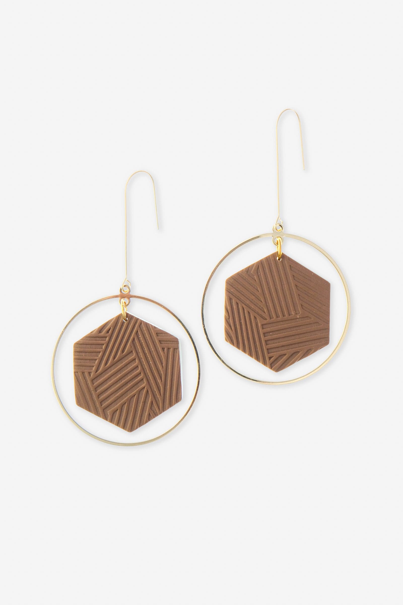 Hex Halo Dangly hexagon shaped elegant and lightweight white and gold earrings
