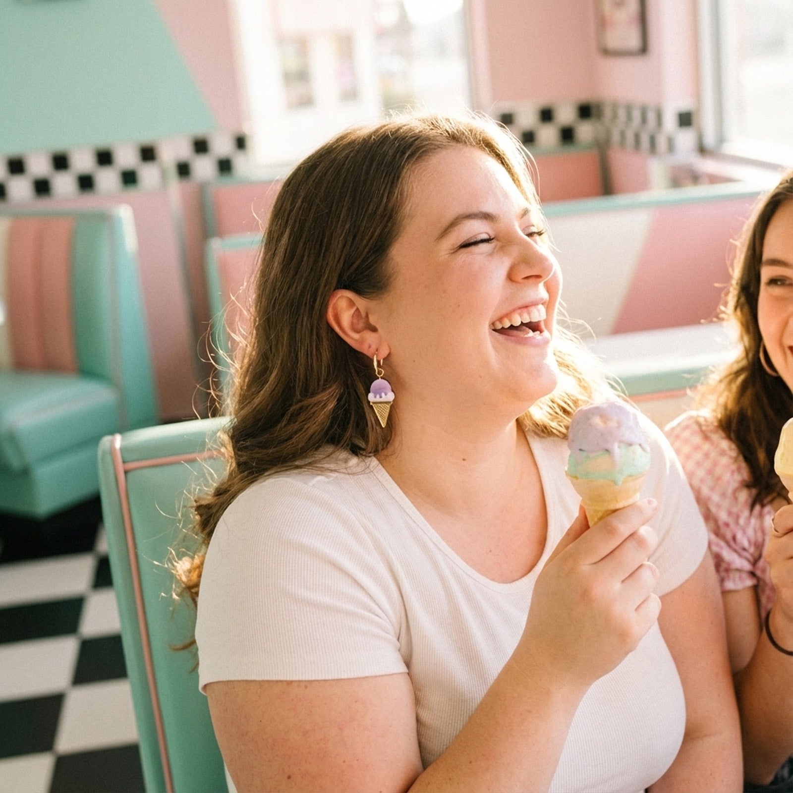 Playful, cute ube ice cream scoop cone earrings. Dangly charms on 14k gold-filled hoops.