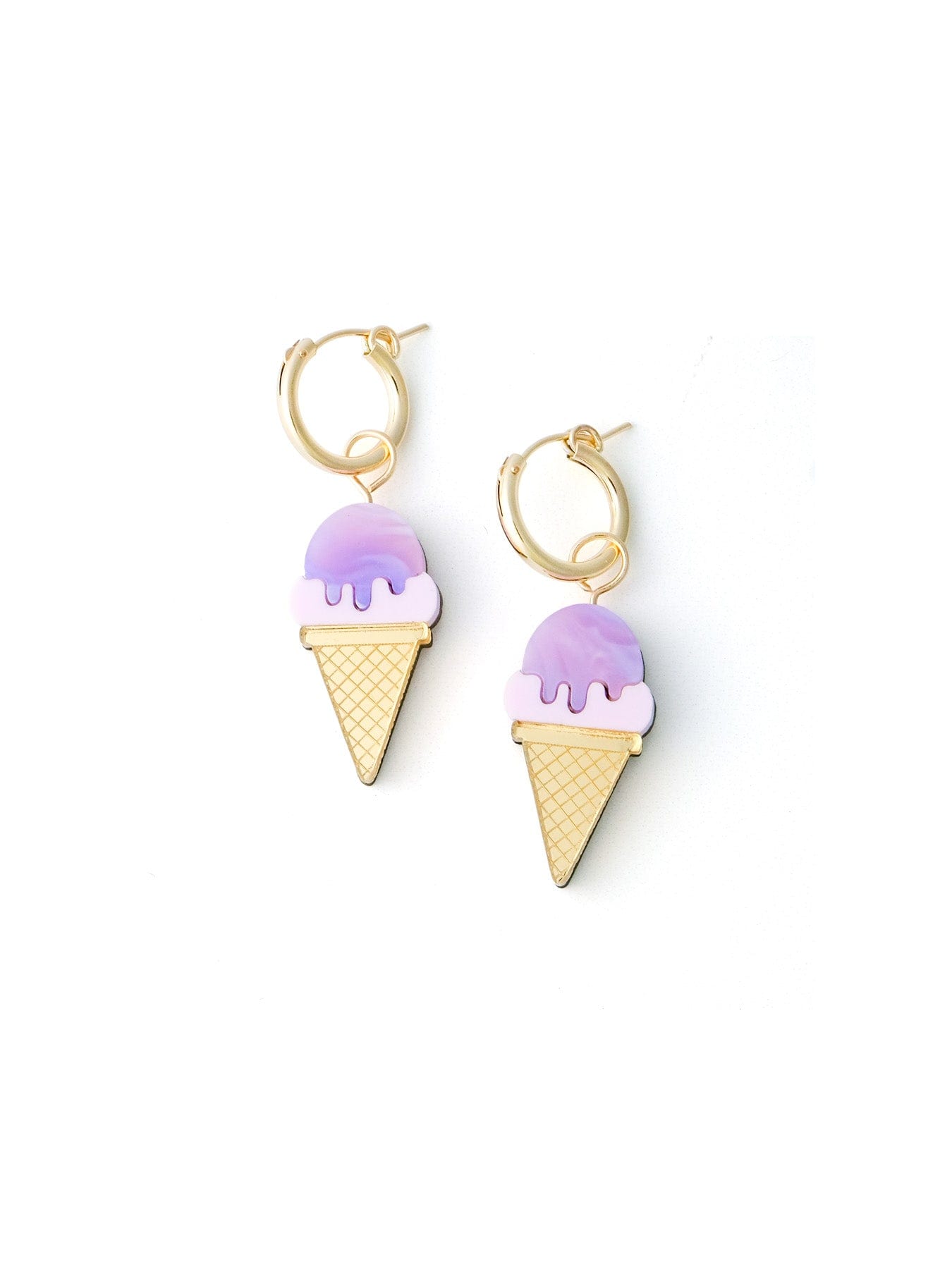 Gold hoops with ube ice cream dangle charms, playful, reflective, creamy drip detail, textured cone pattern #color_purple