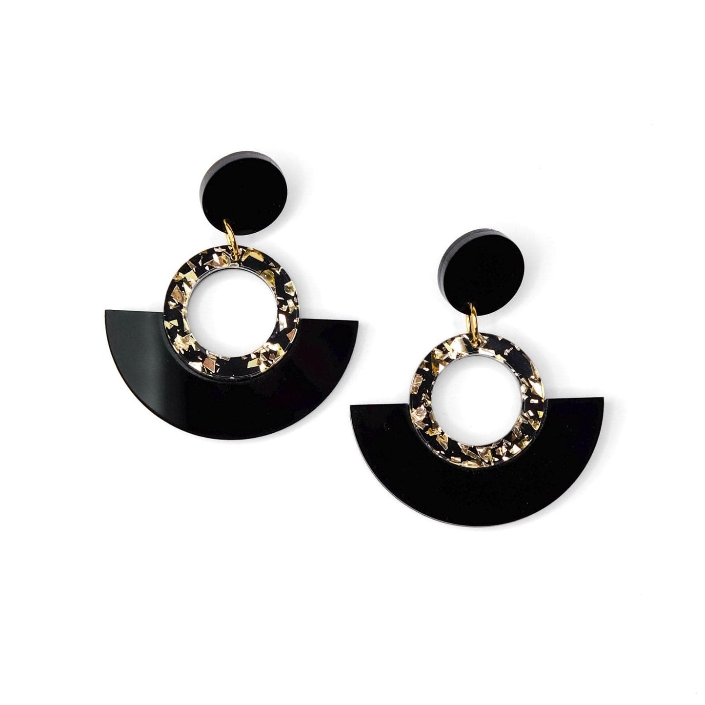 Funky retro and elegant lightweight Joyce Hoop Dangles Earrings #color_black-and-gold-glitter
