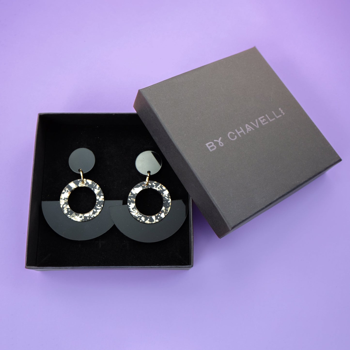 Funky retro and elegant lightweight Joyce Hoop Dangles Earrings #color_black-and-gold-glitter