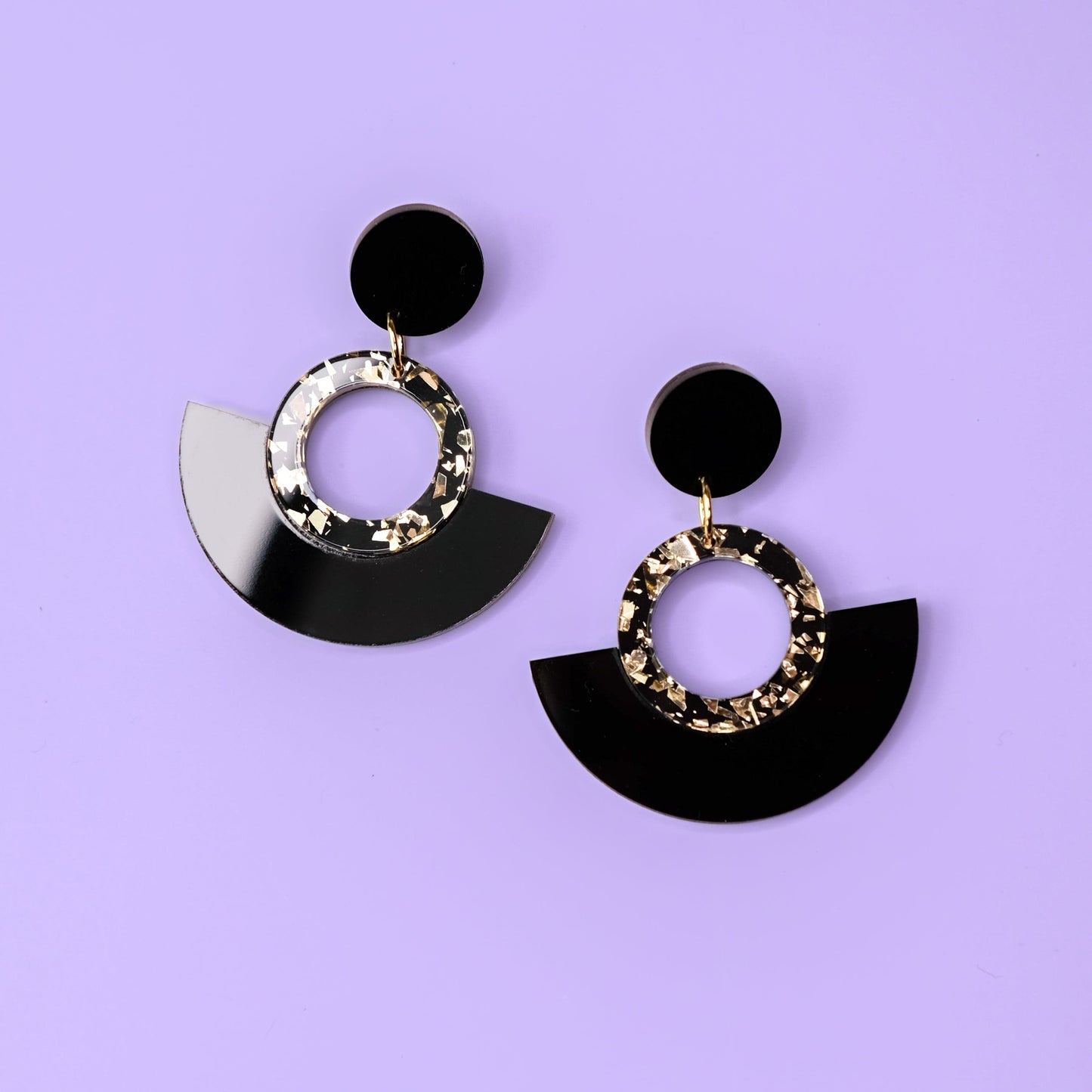 Funky retro and elegant lightweight Joyce Hoop Dangles Earrings #color_black-and-gold-glitter
