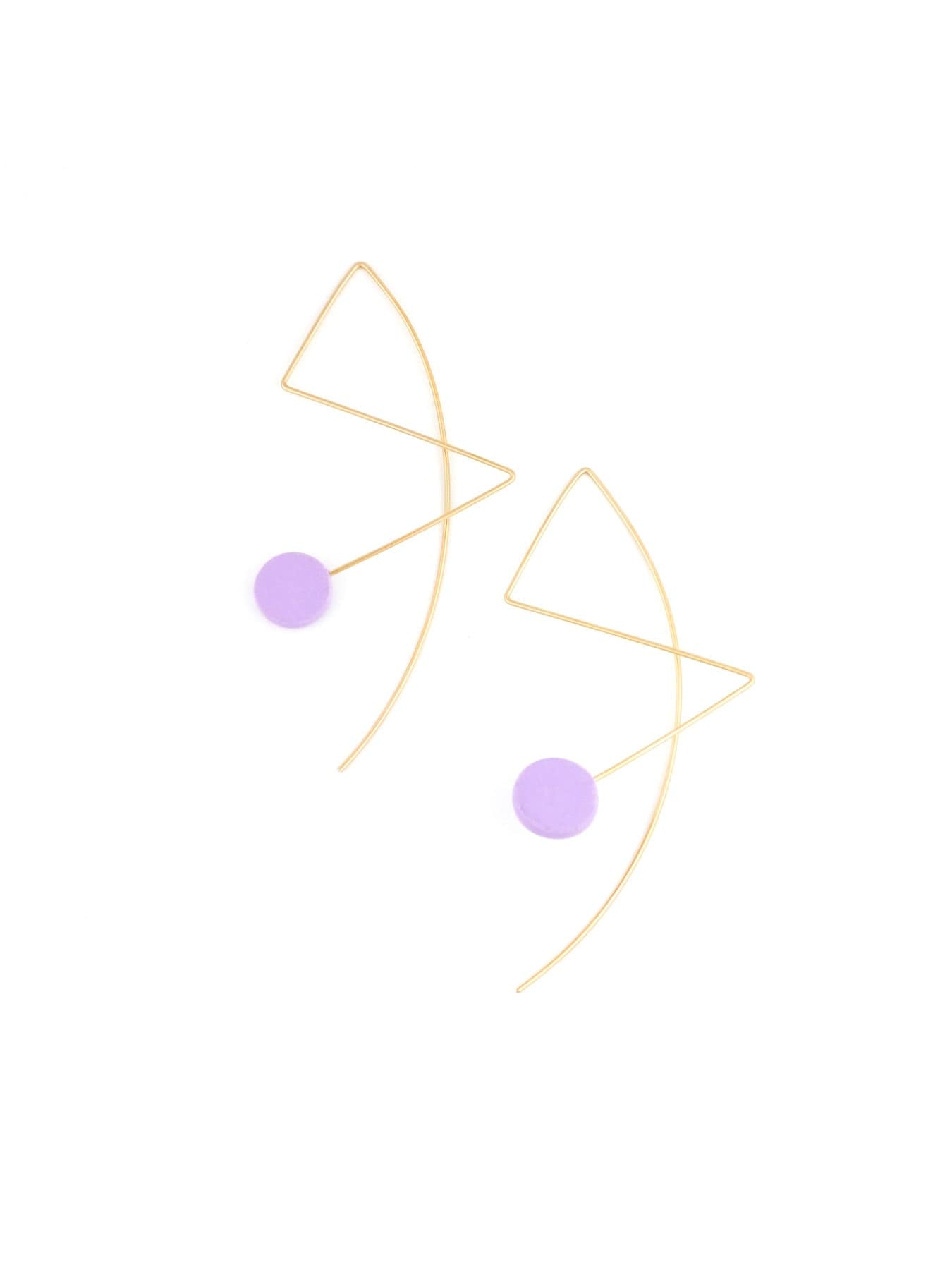 Modern geometric wire earrings, matte lavender dot accents on sweeping gold arcs with a zig-zag line #color_lavender
