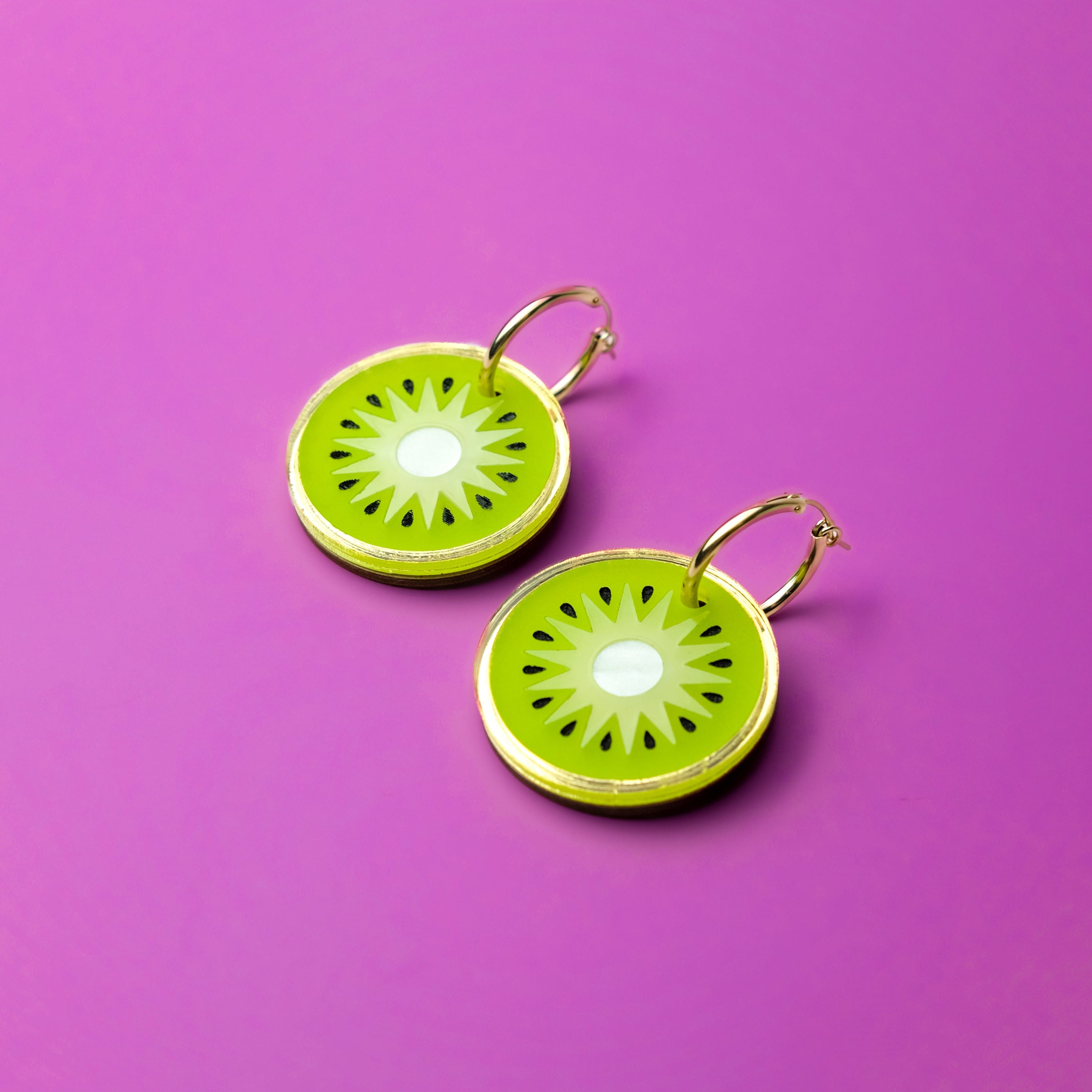 Statement Kiwi earrings with gold-filled hoops lightweight and hand-made in NYC