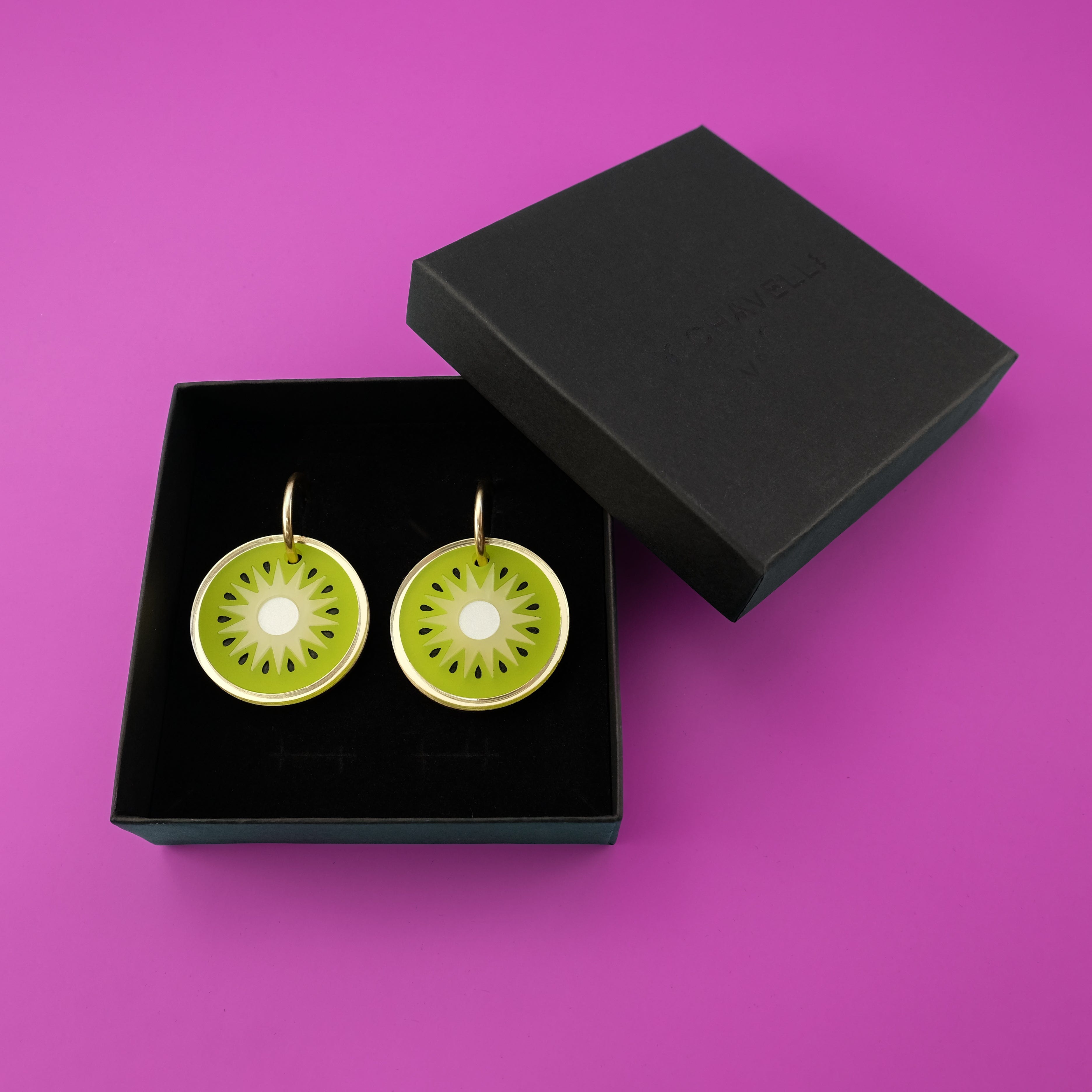 Statement Kiwi earrings with gold-filled hoops lightweight and hand-made in NYC