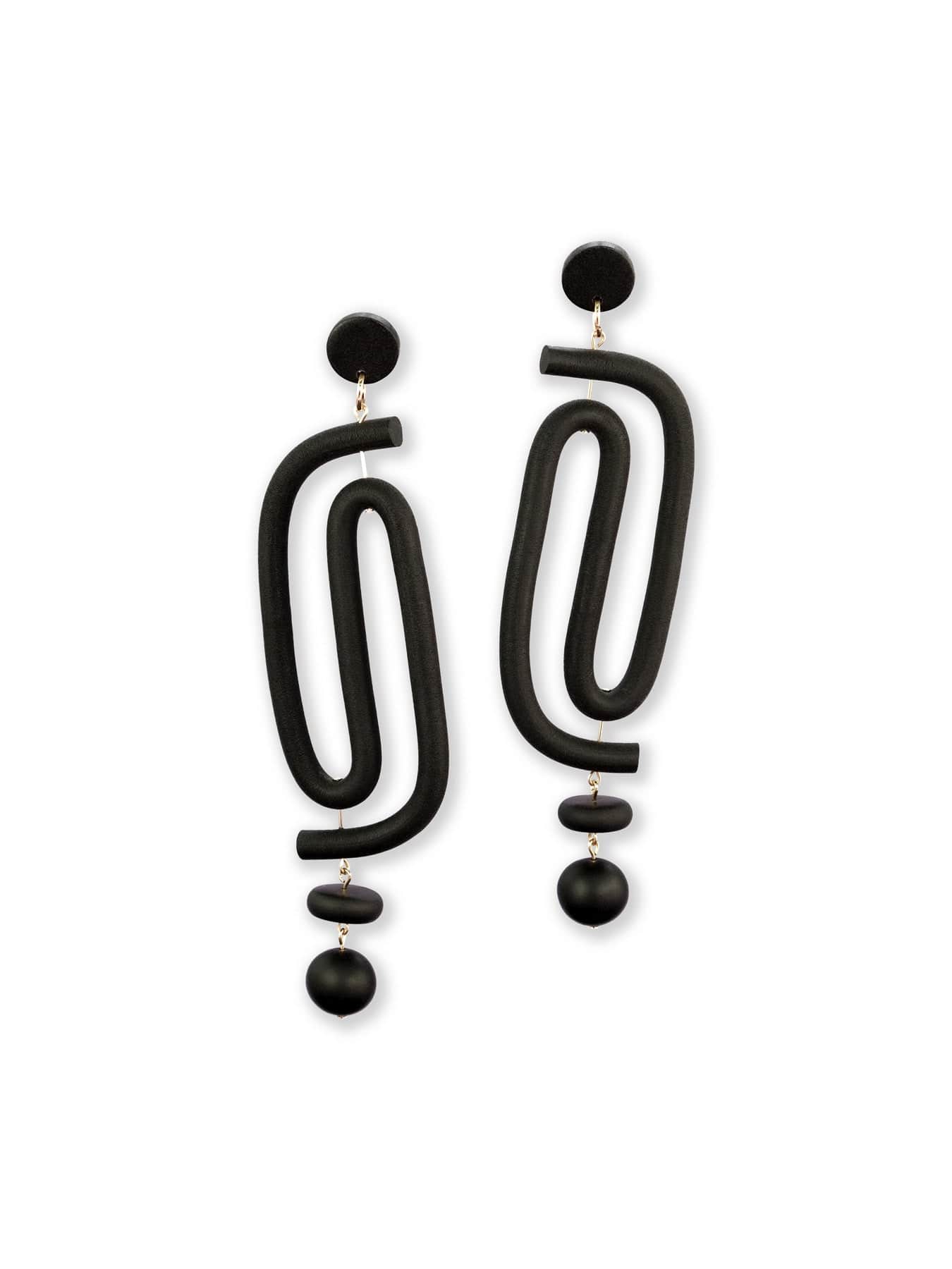 Black labyrinth statement earrings, matte, lightweight, sculptural, tubular maze with bead drop on round studs #color_black