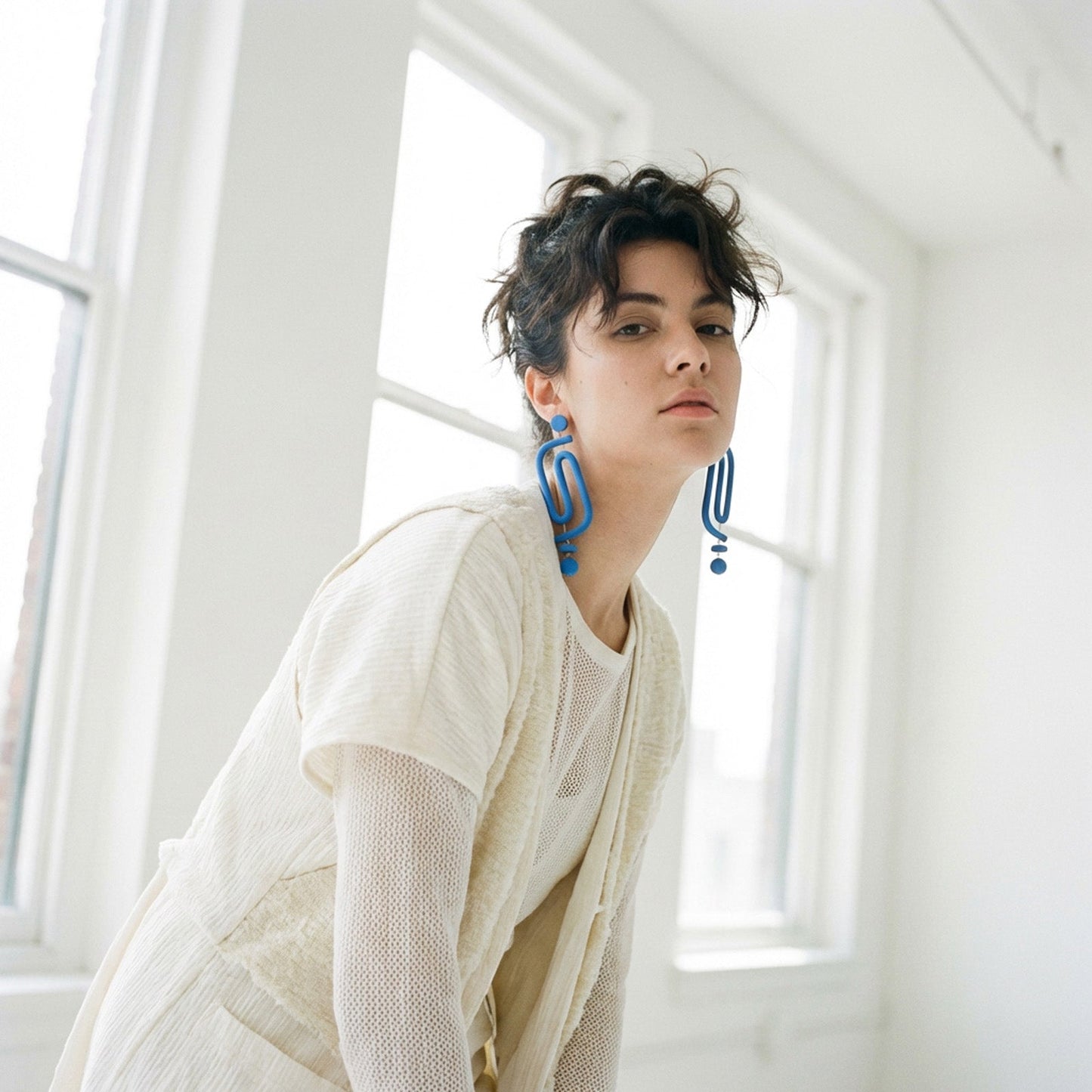 Labyrinth dangly statement earrings. A striking and unique earring for the bold and vibrant personality. Hand-made in NYC #color_cornflower-blue