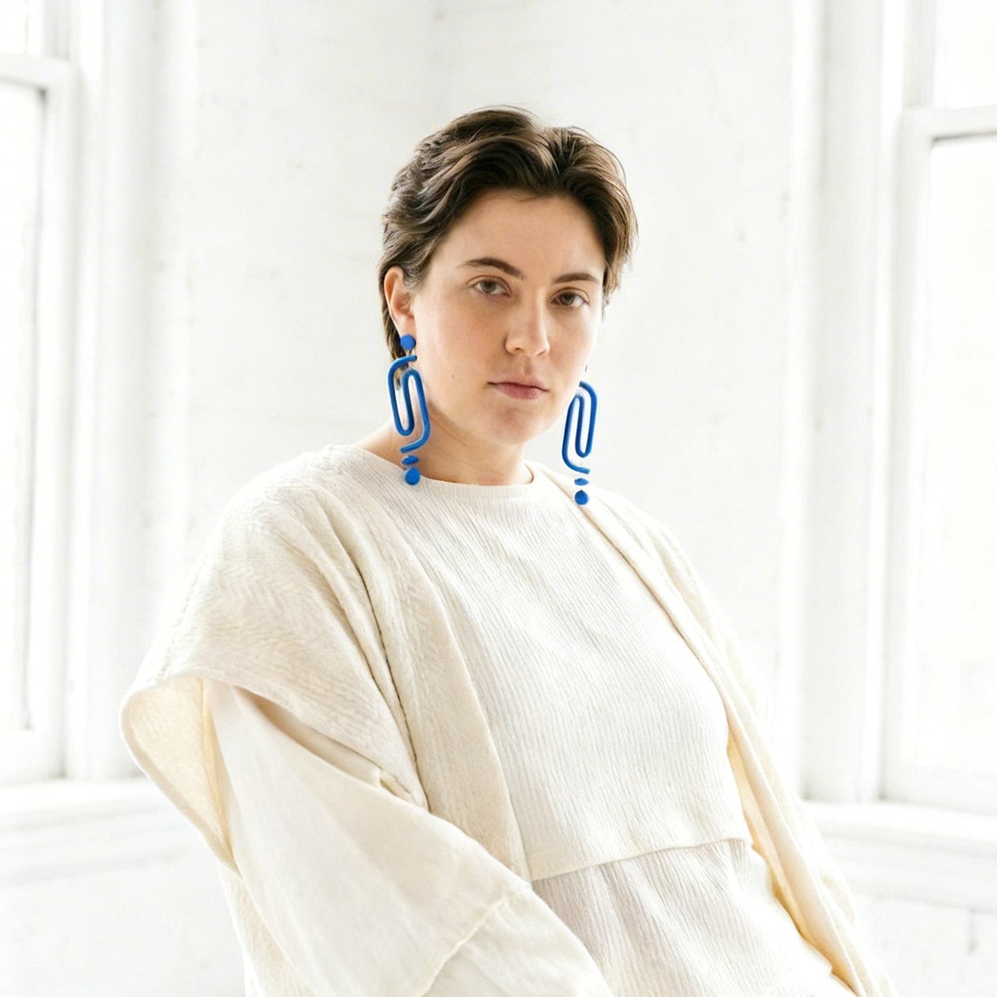 Labyrinth dangly statement earrings. A striking and unique earring for the bold and vibrant personality. Hand-made in NYC #color_cornflower-blue