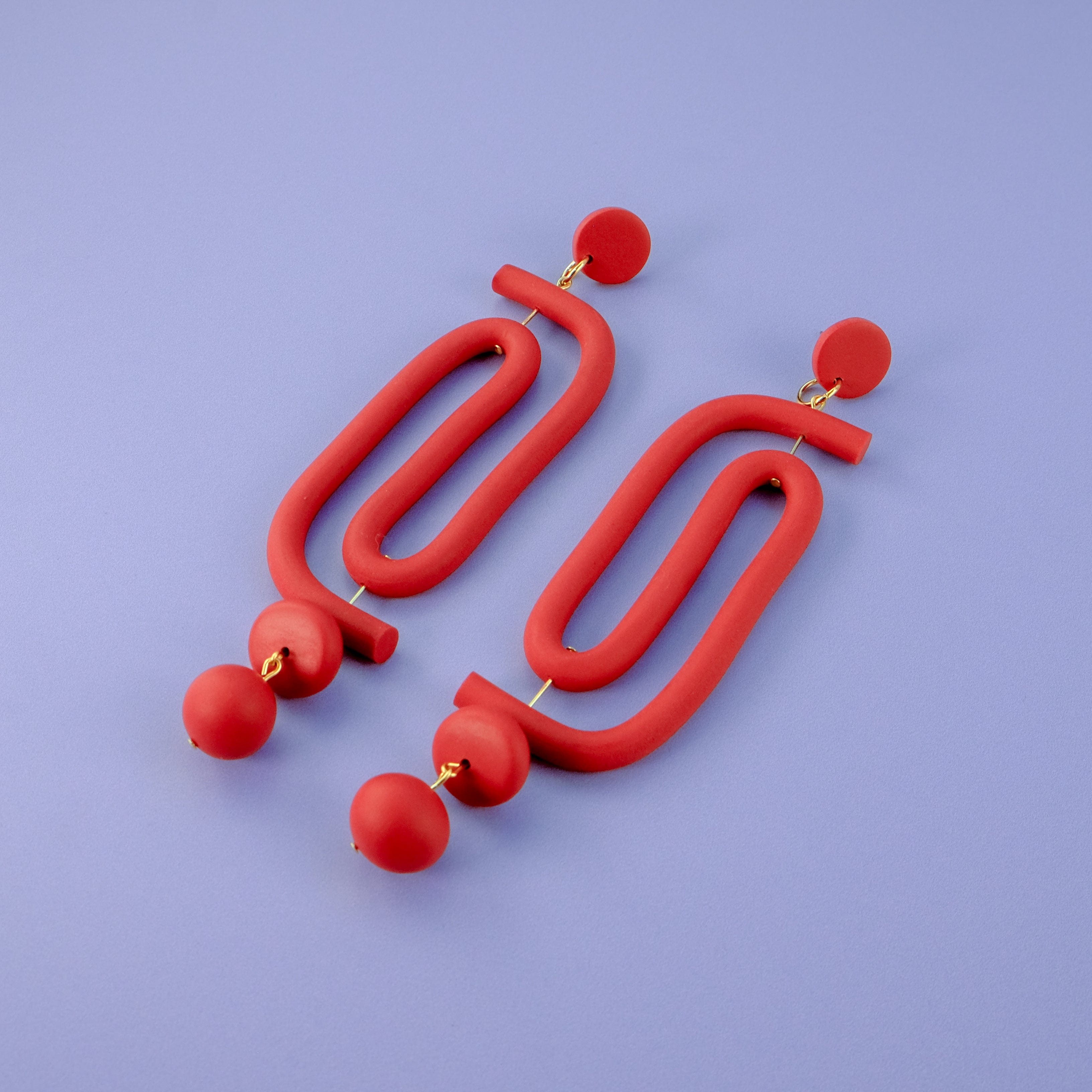 Labyrinth dangly statement earrings. A striking and unique earring for the bold and vibrant personality. Hand-made in NYC #color_red