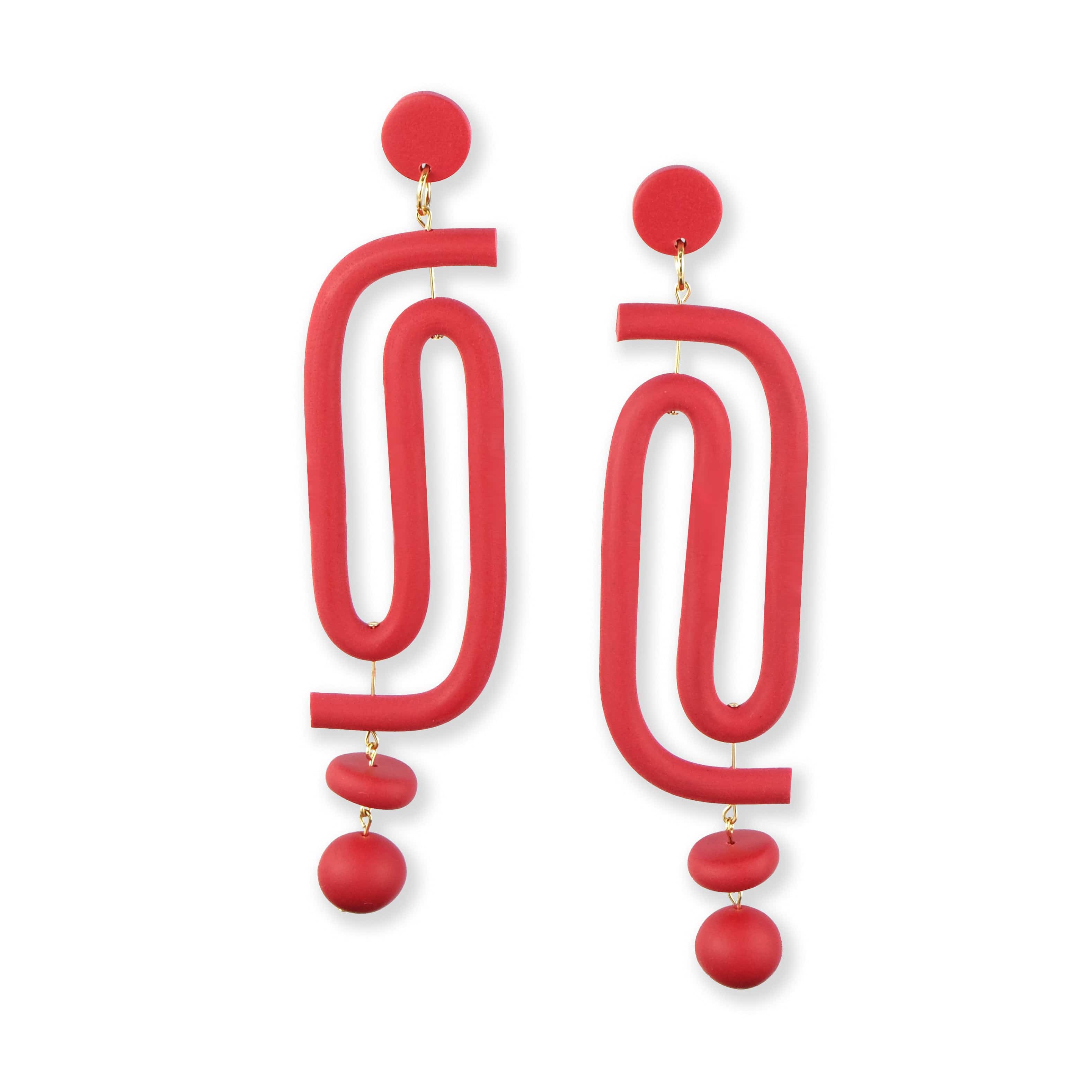 Labyrinth dangly statement earrings. A striking and unique earring for the bold and vibrant personality. Hand-made in NYC #color_red