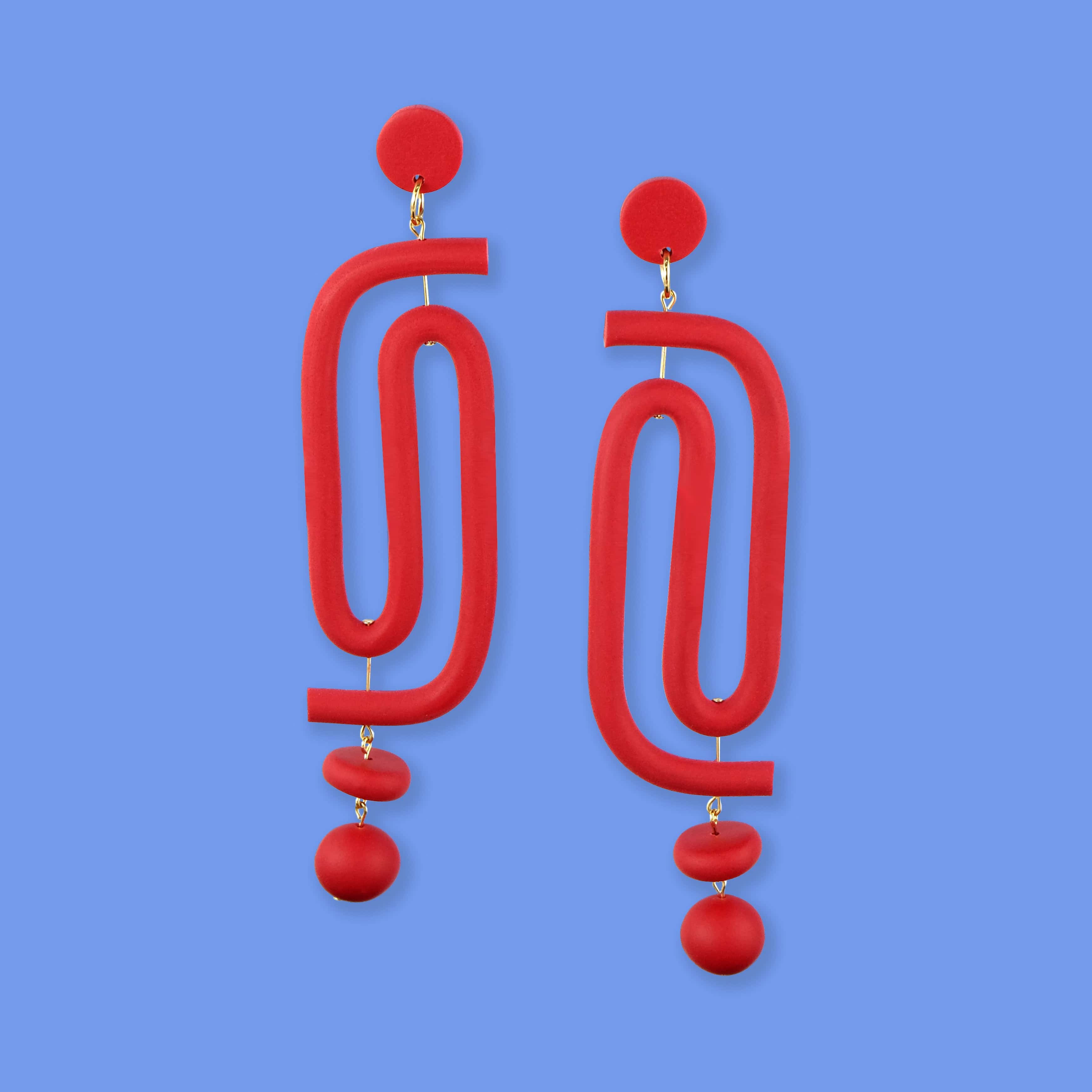Labyrinth dangly statement earrings. A striking and unique earring for the bold and vibrant personality. Hand-made in NYC #color_red