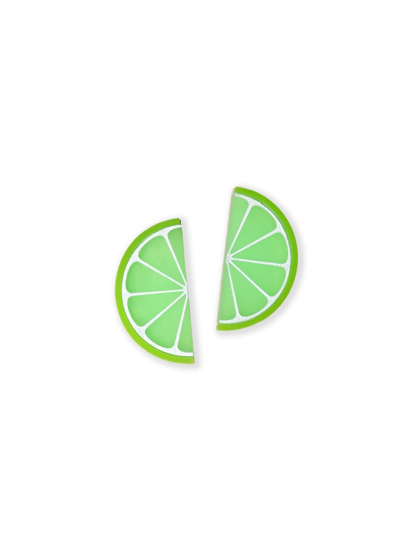 Lime slice stud earrings, glossy, lightweight, playful, citrus half-moons with white segment lines #color_green-white