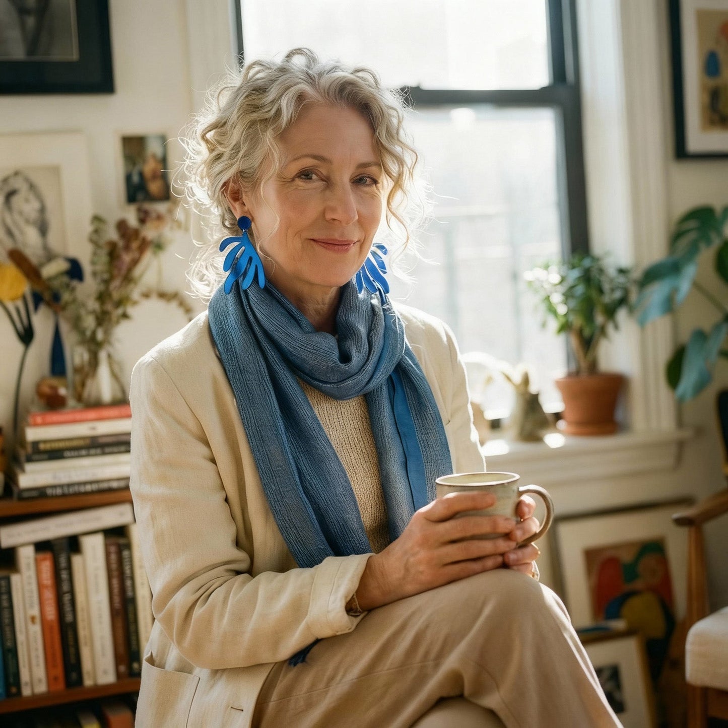 Art inspired statement earrings. Matisse dangly statement earrings in mirrored blue acrylic, lightweight #color_blue-mirror